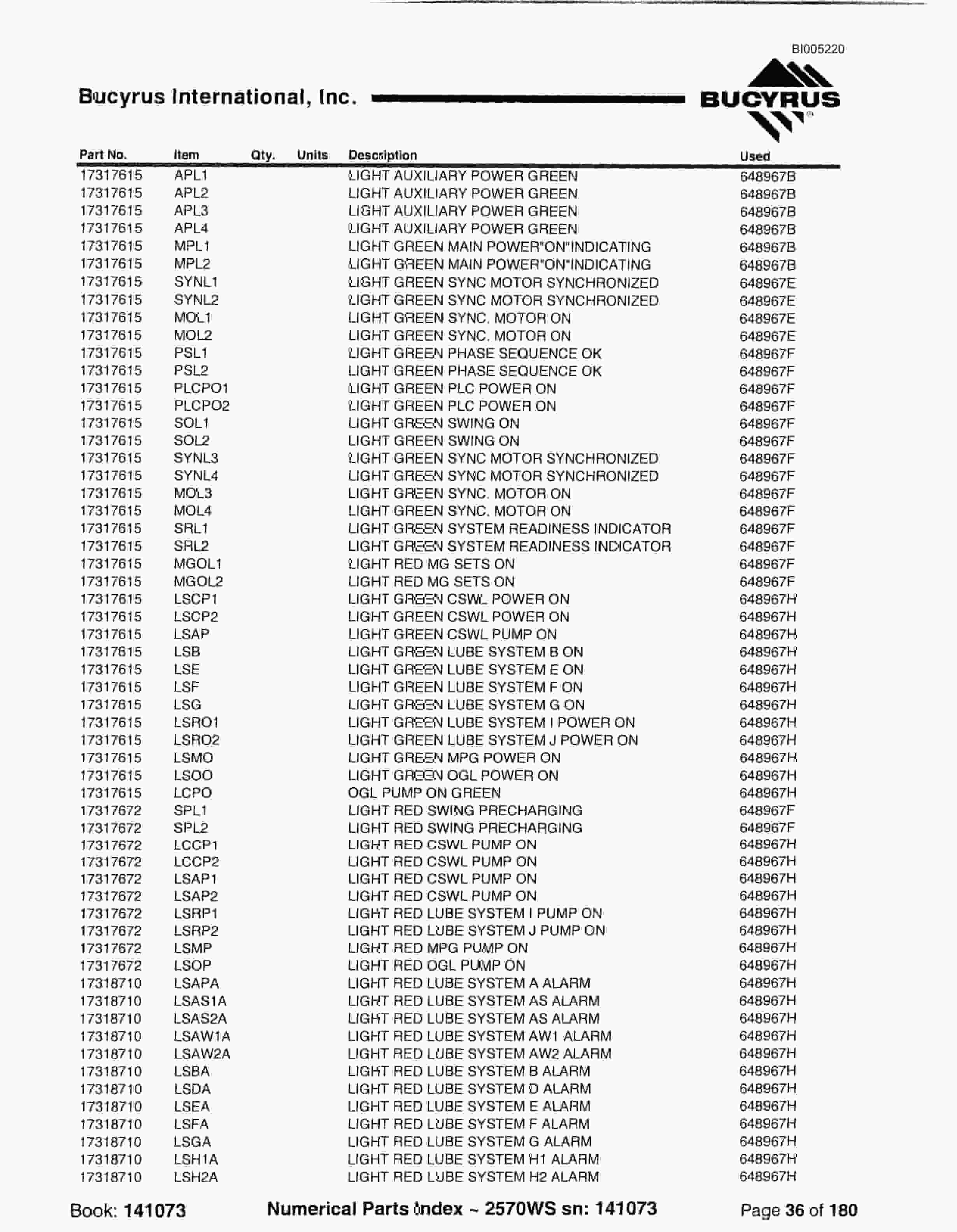 Bucyrus 2570WS Walking Dragline Parts Catalog BI005220-5