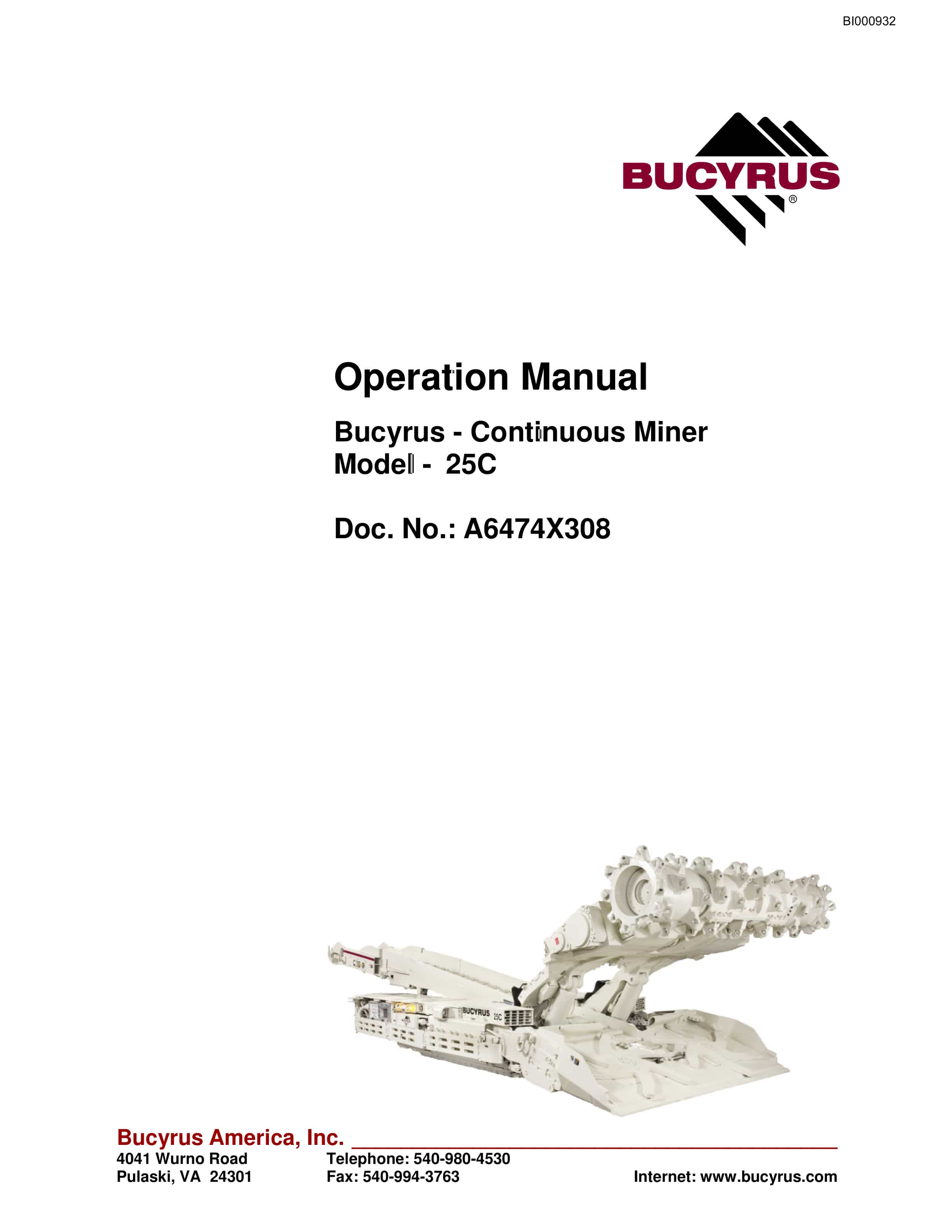 Bucyrus 25C Continuous Miner Operation Manual BI000932