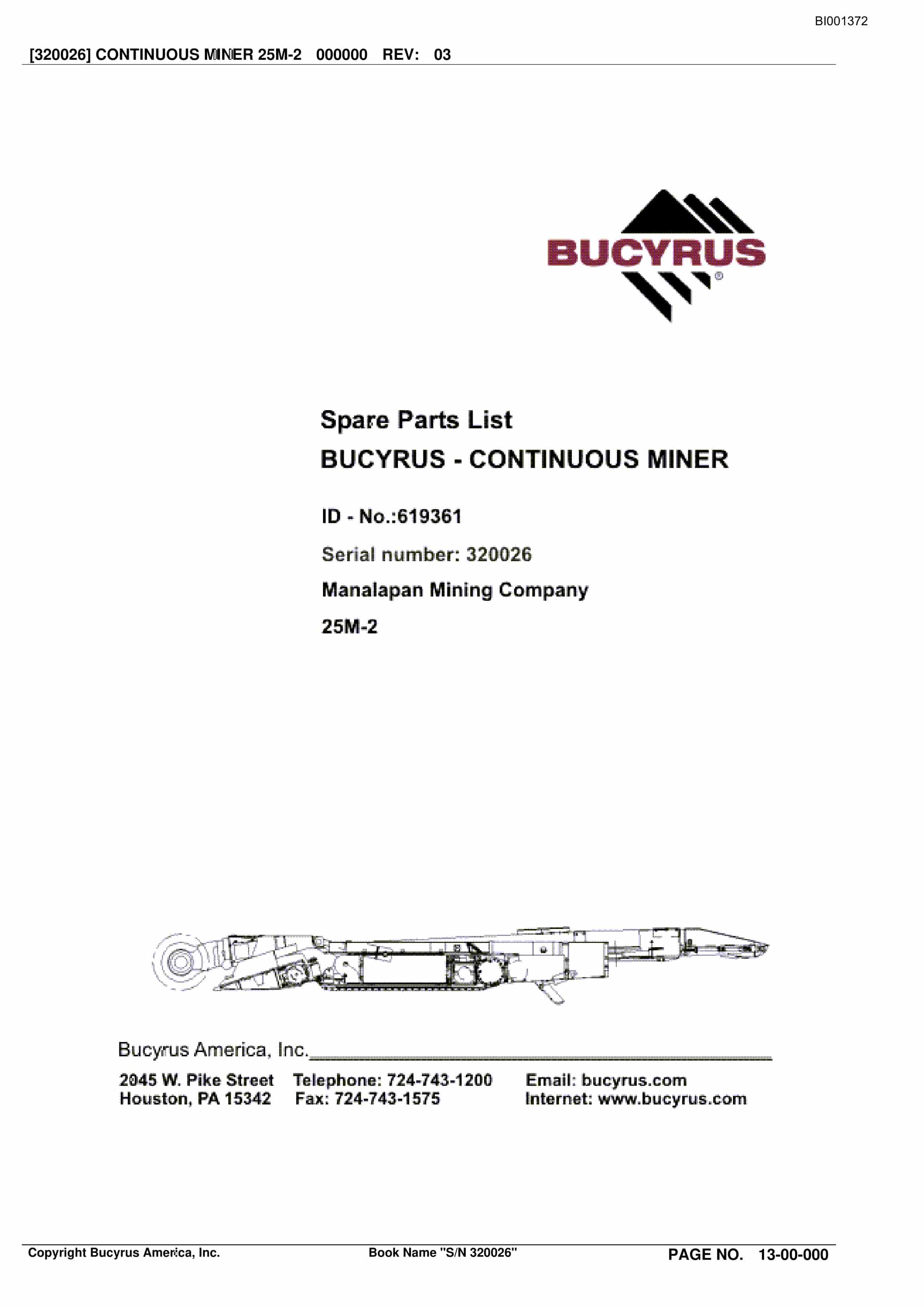 Bucyrus 25M-2 Continuous Miner Spare Parts List BI001372