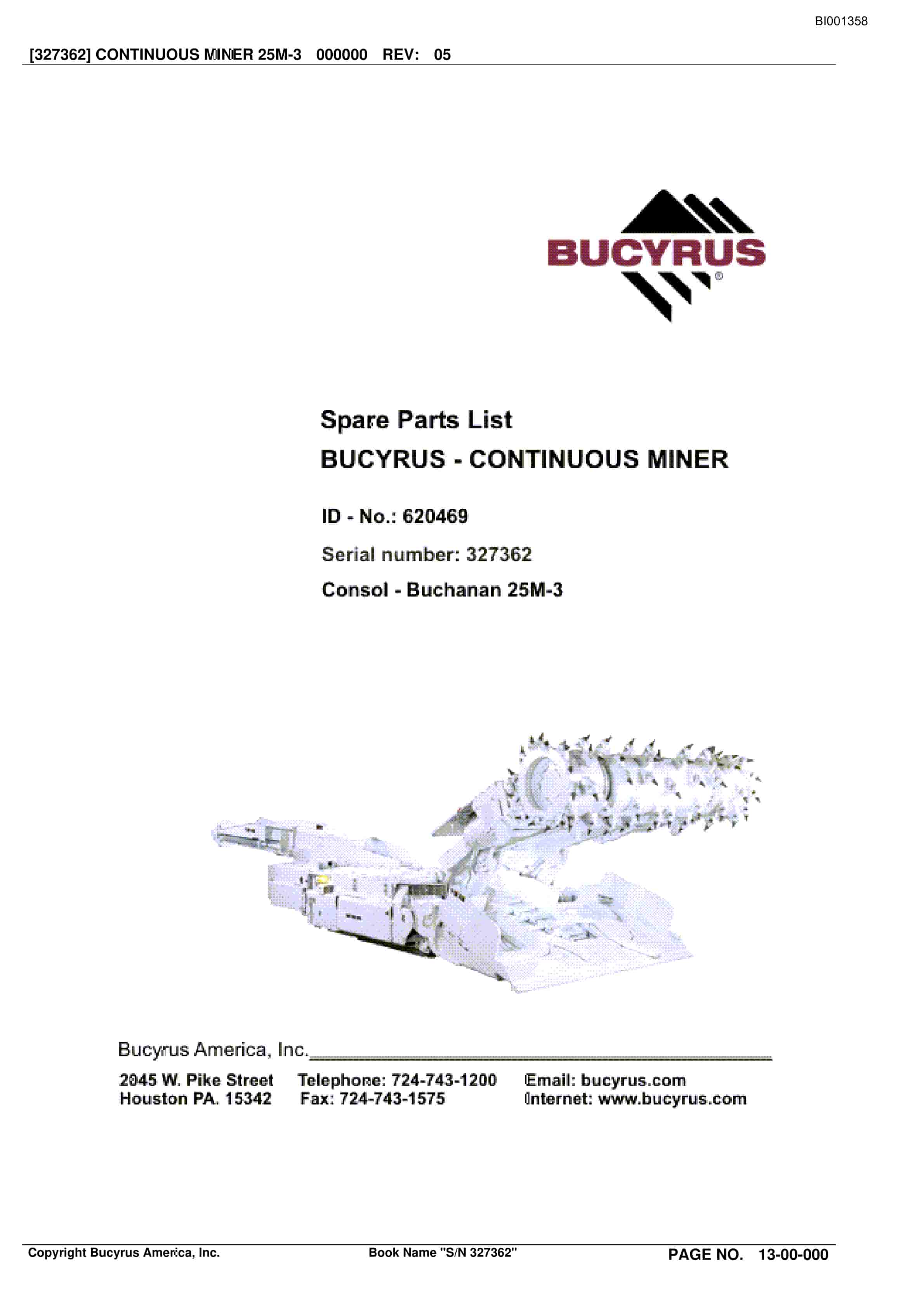 Bucyrus 25M-3 Continuous Miner Spare Parts List BI001358