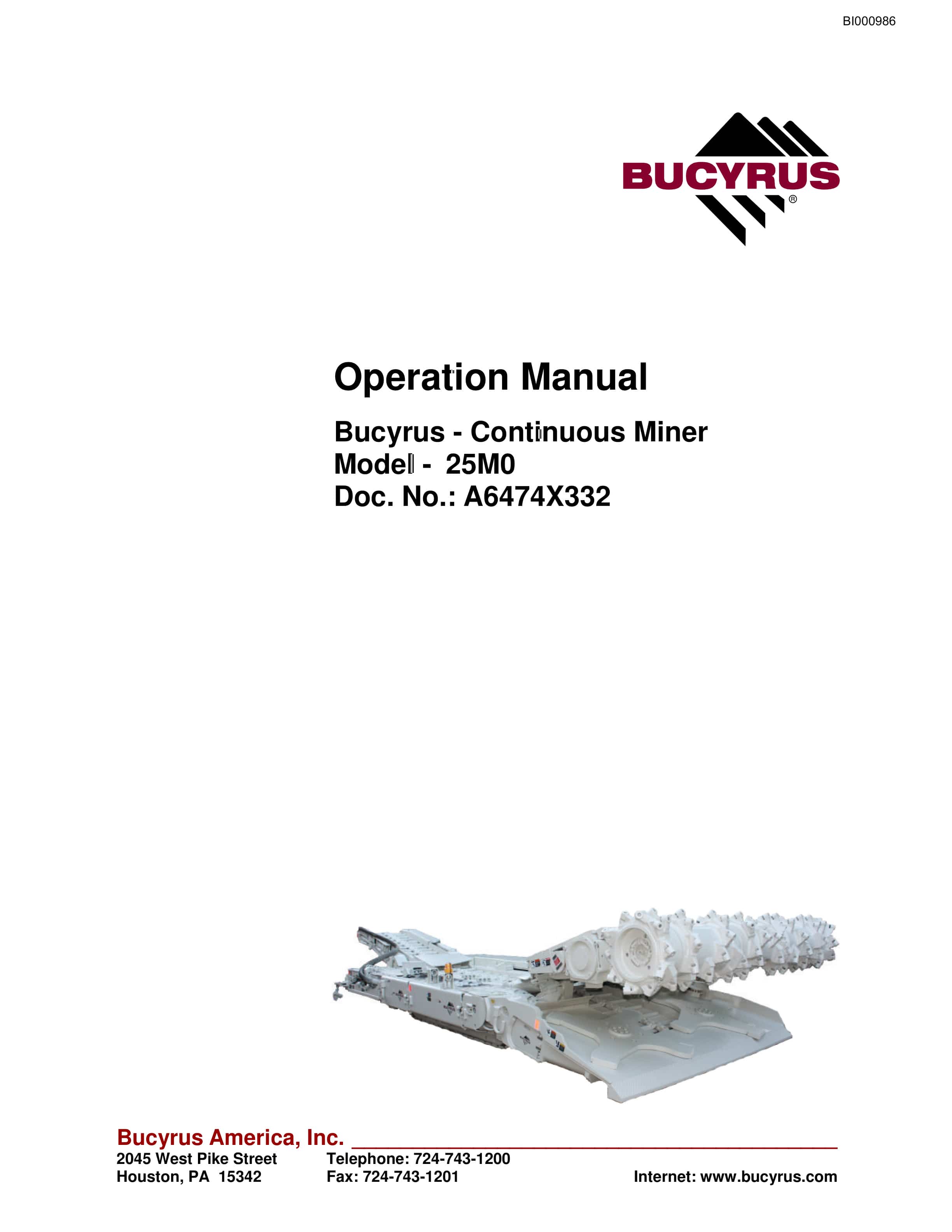 Bucyrus 25M0 Continuous Miner Operation Manual BI000986