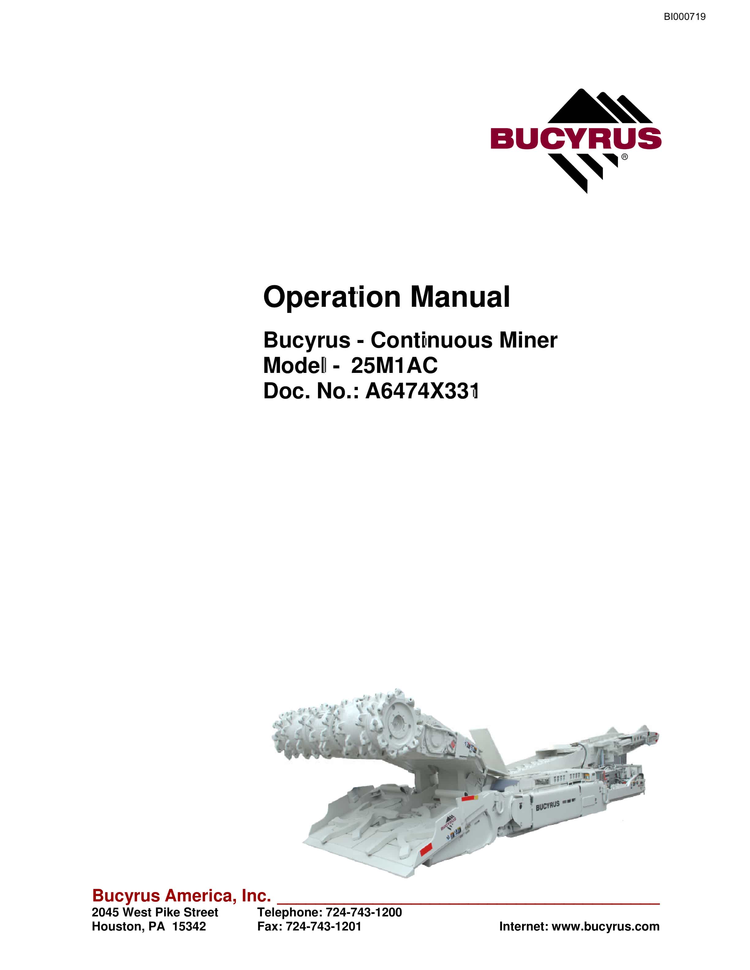 Bucyrus 25M1AC Continuous Miner Operation Manual BI000719