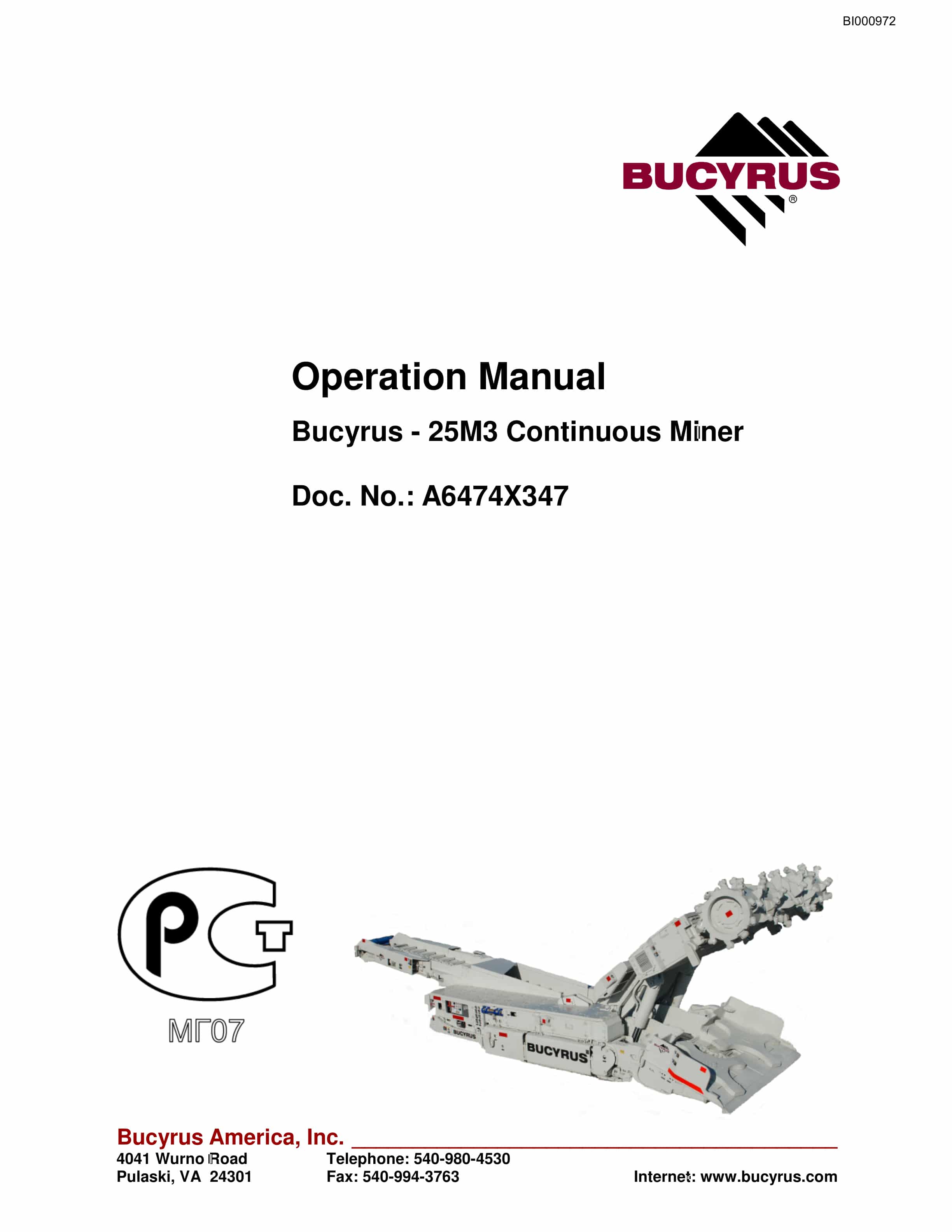Bucyrus 25M3 Continuous Miner Operation Manual BI000972