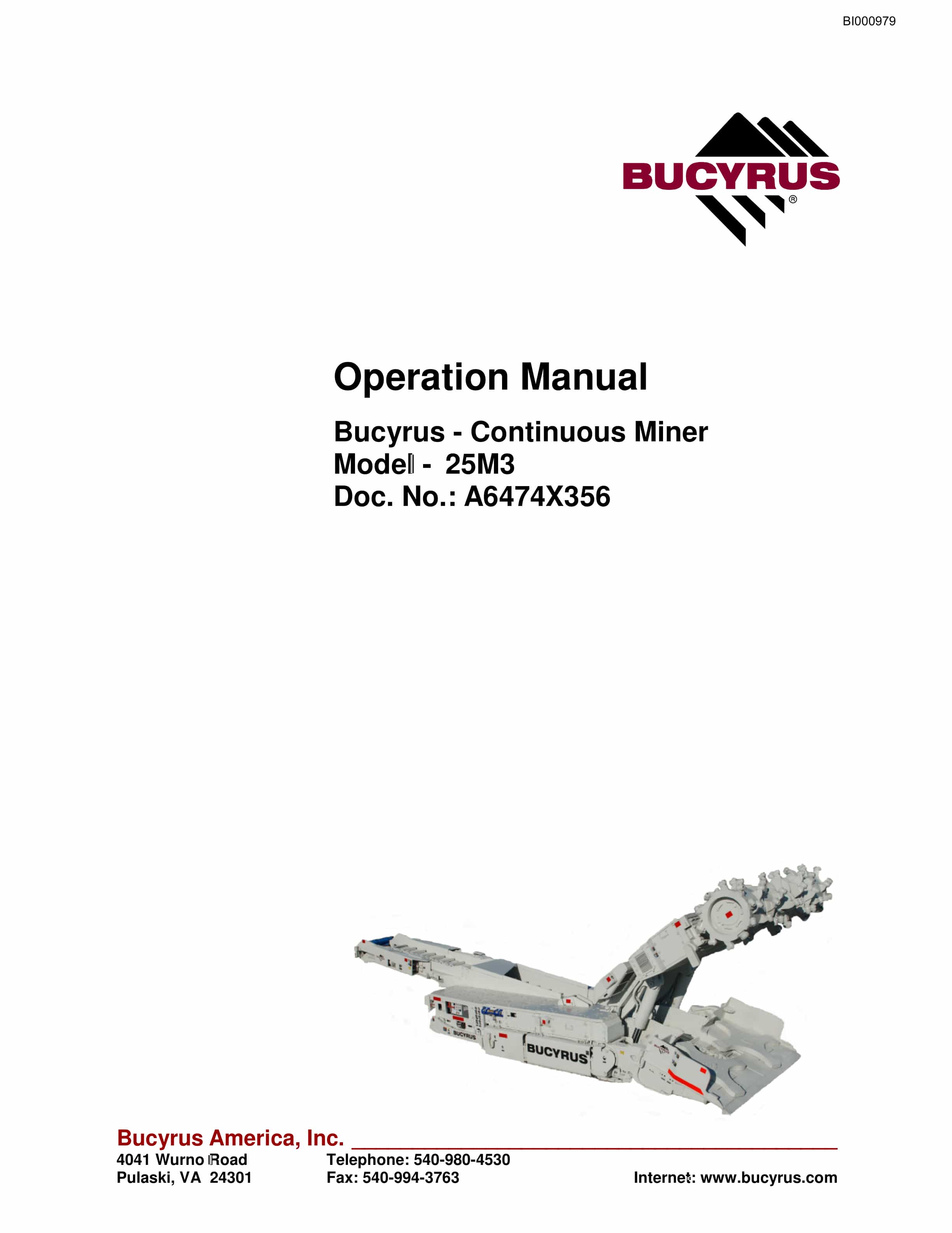 Bucyrus 25M3 Continuous Miner Operation Manual BI000979