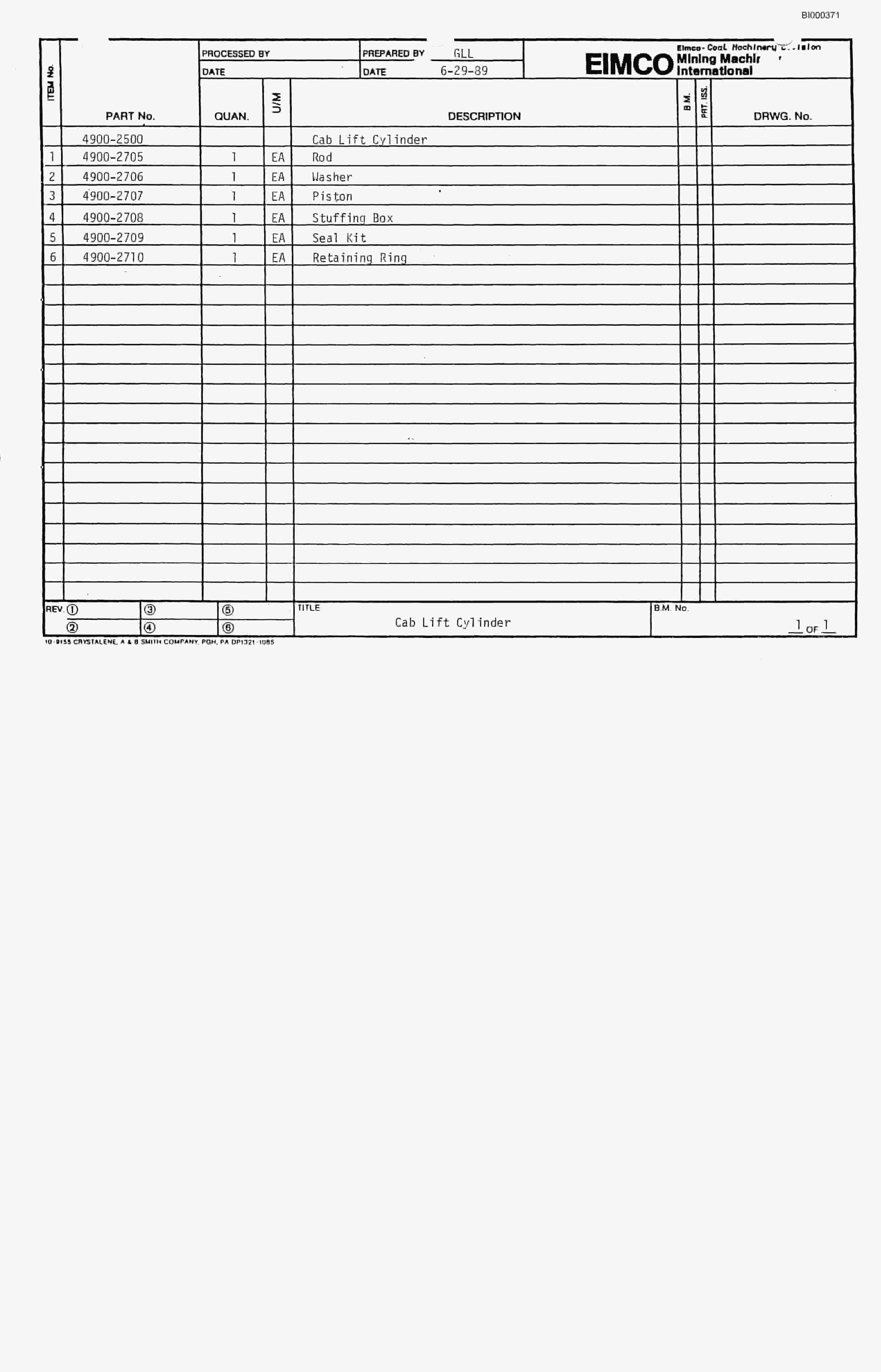 Bucyrus 2810-1 Miner Parts Catalog BI000371-2