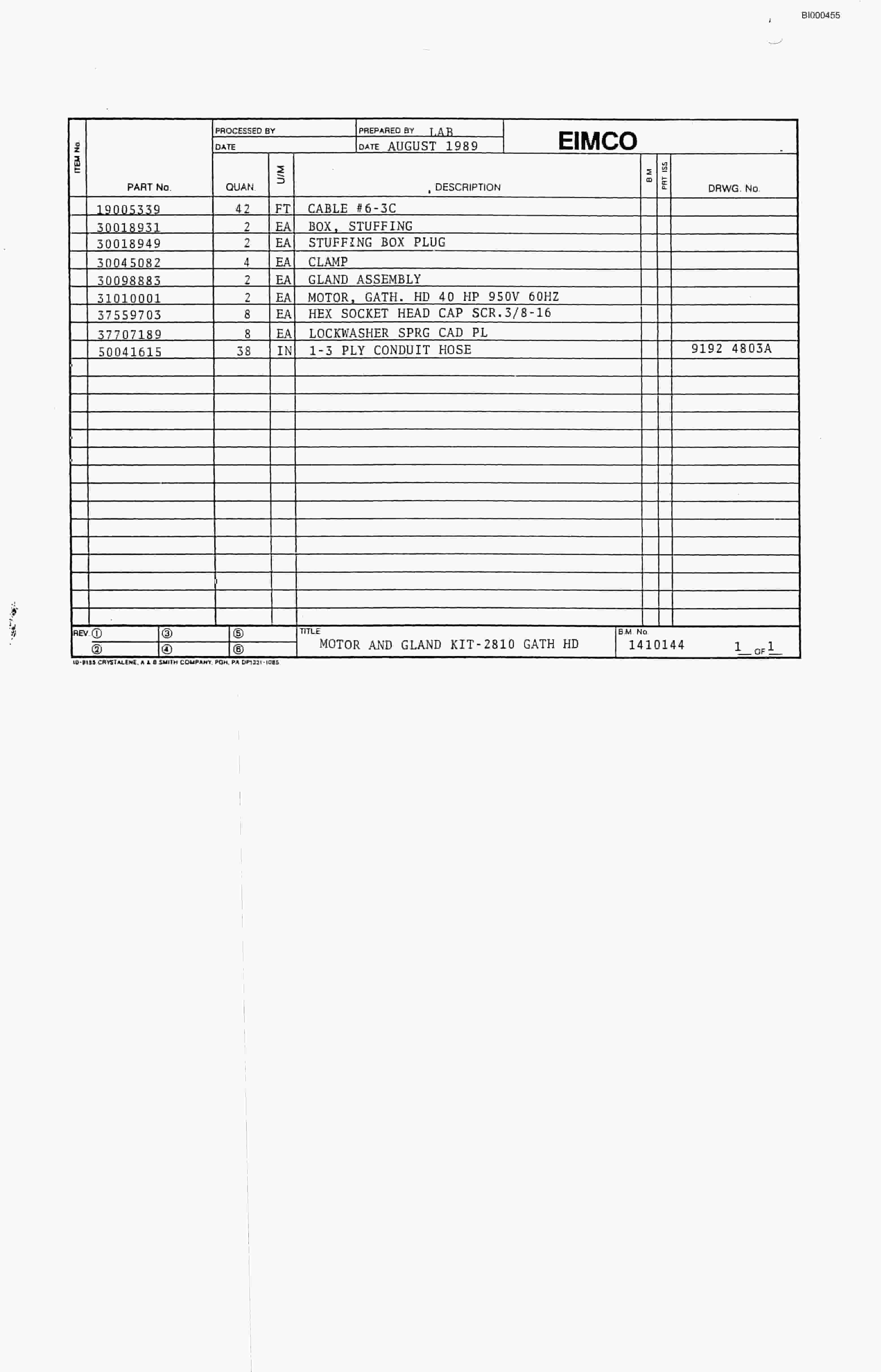 Bucyrus 2810-1 Miner Parts Catalog BI000455-2