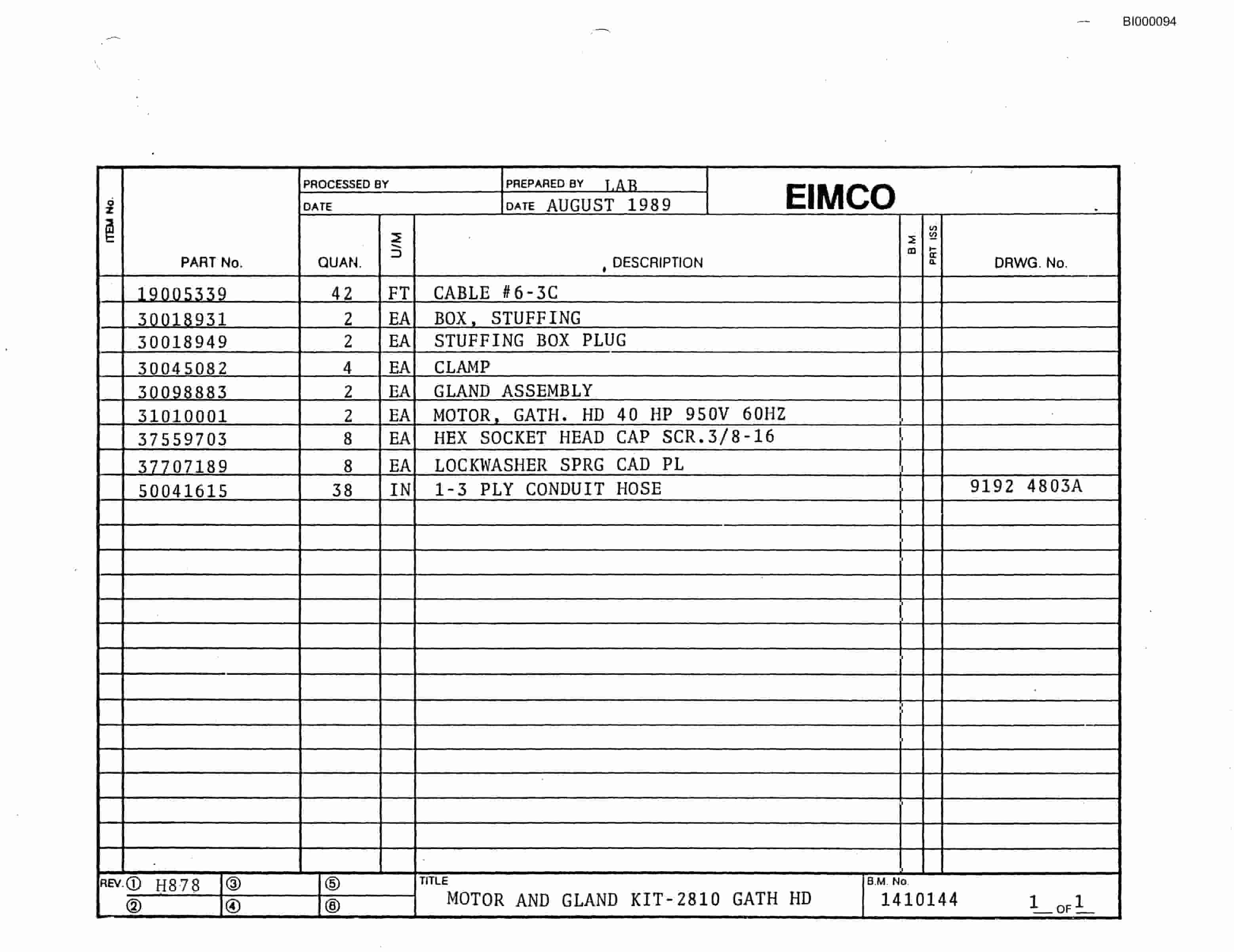 Bucyrus 2810 Drum Miner Parts Catalog BI000094-2