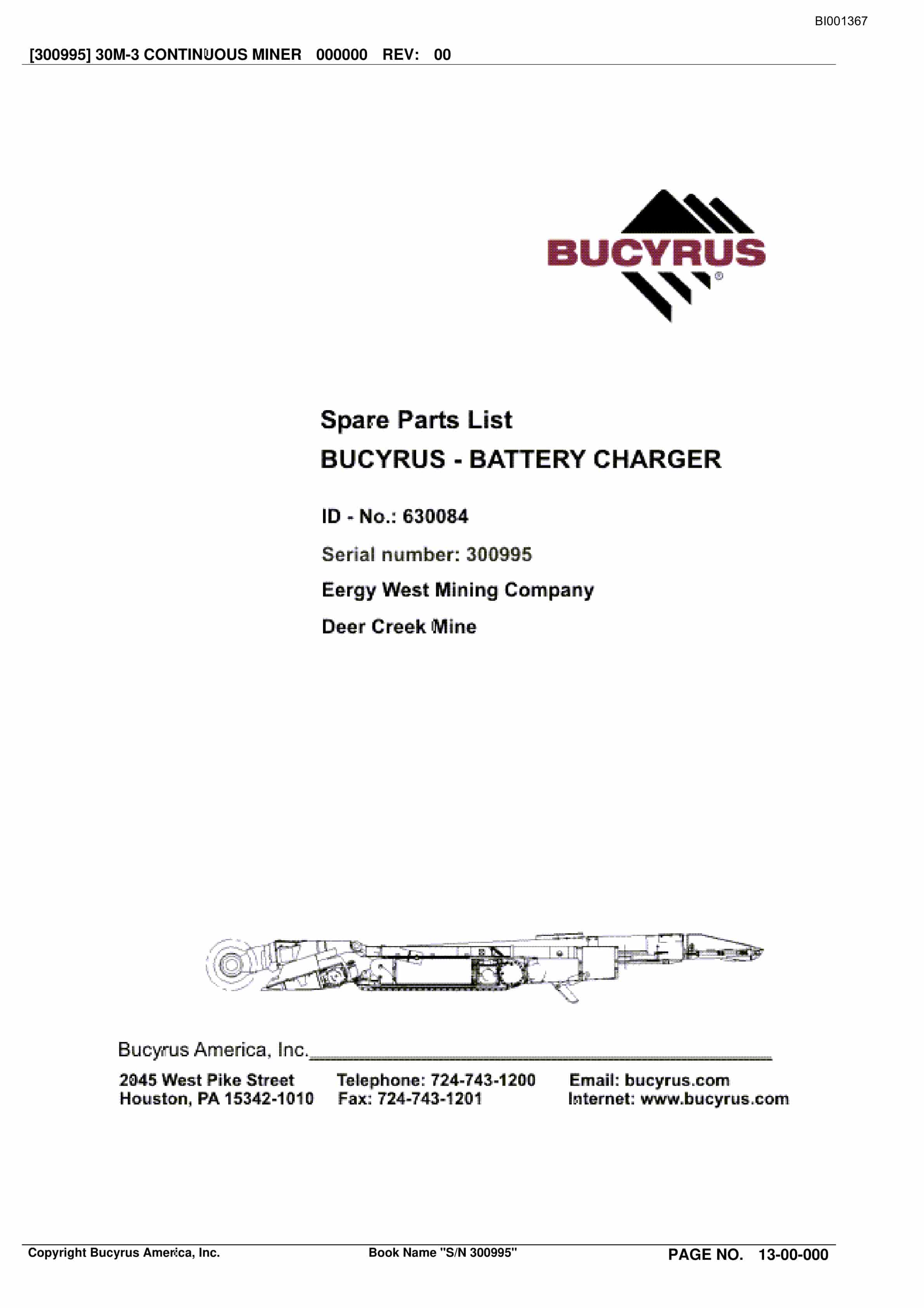Bucyrus 30M-3 Continuous Miner Spare Parts List BI001367