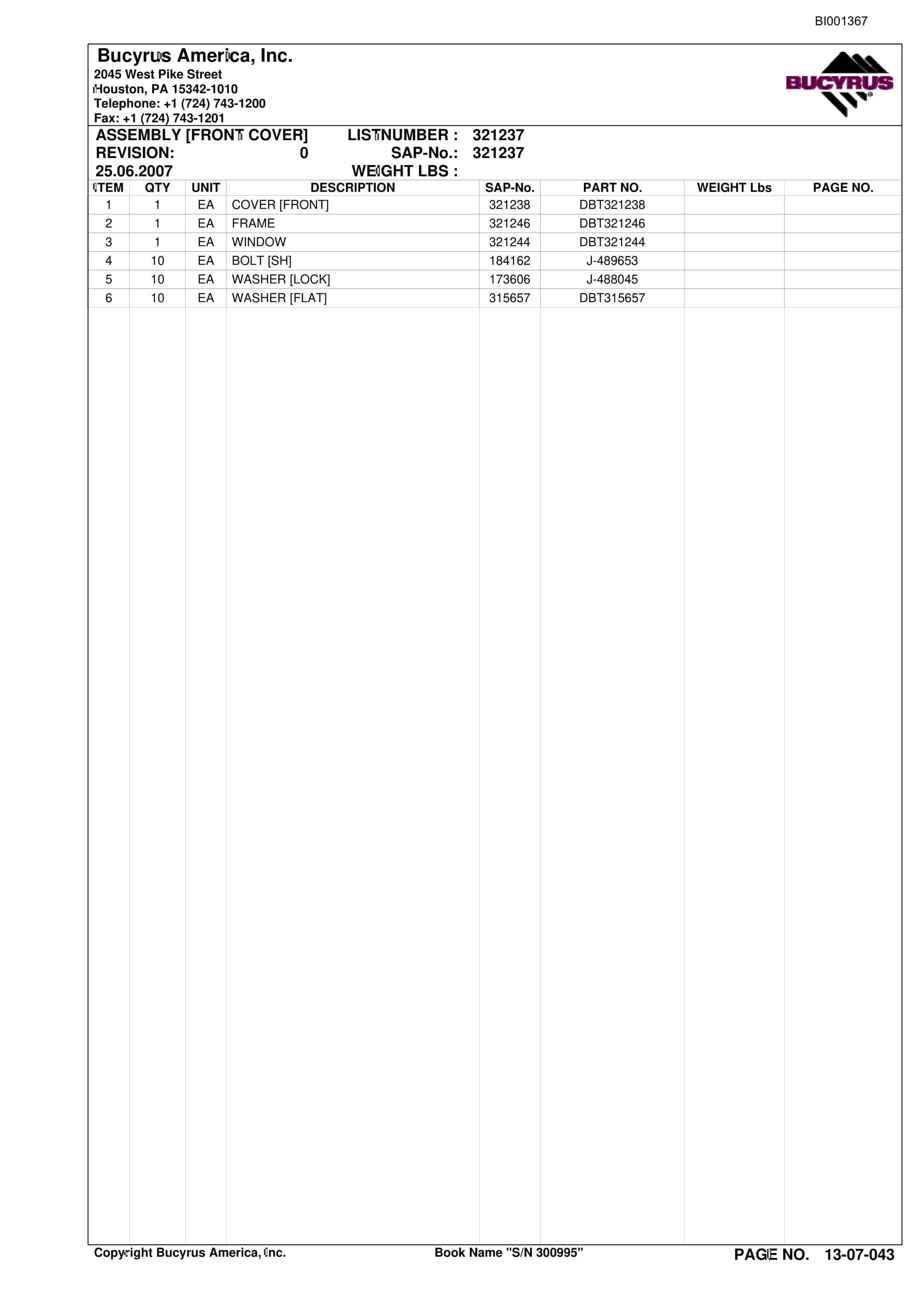 Bucyrus 30M-3 Continuous Miner Spare Parts List BI001367-3