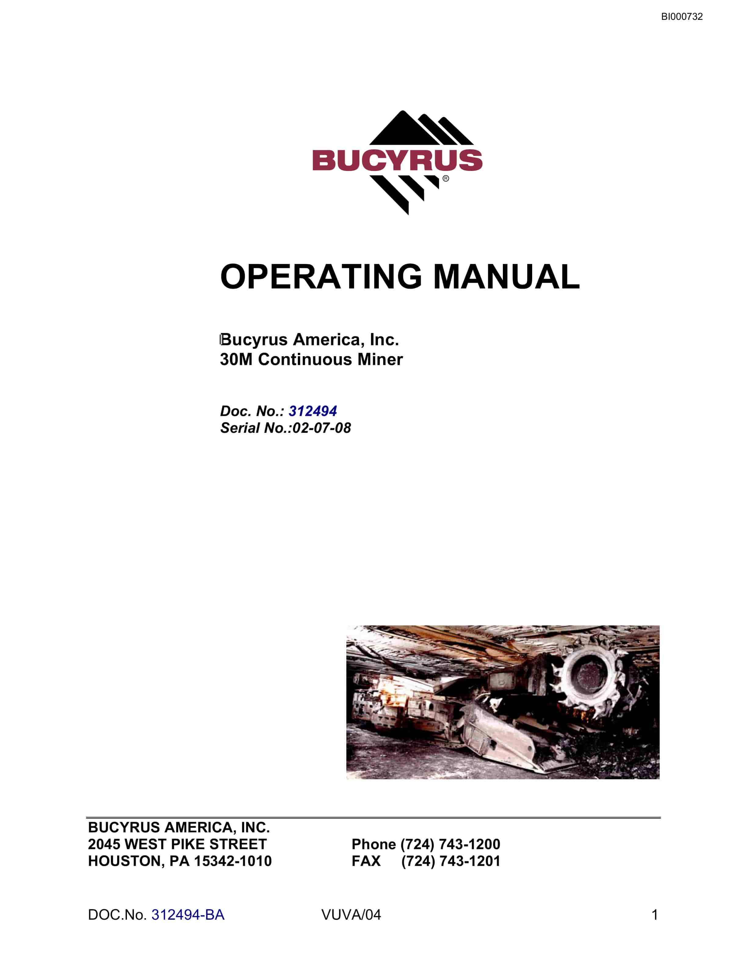 Bucyrus 30M Continuous Miner Operating Manual BI000732