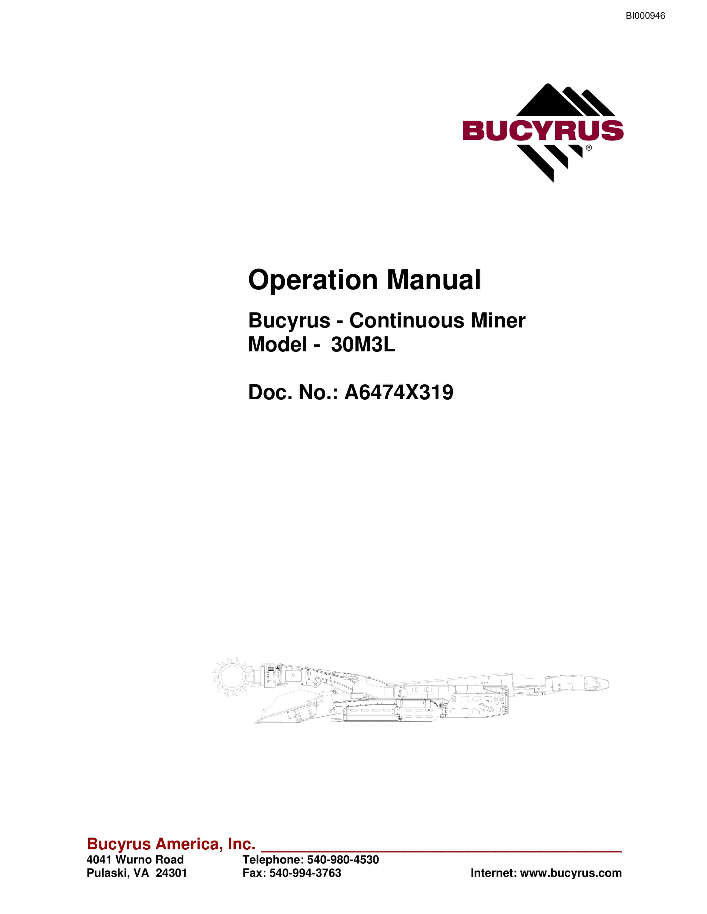 Bucyrus 30M3L Continuous Miner Operation Manual BI000946