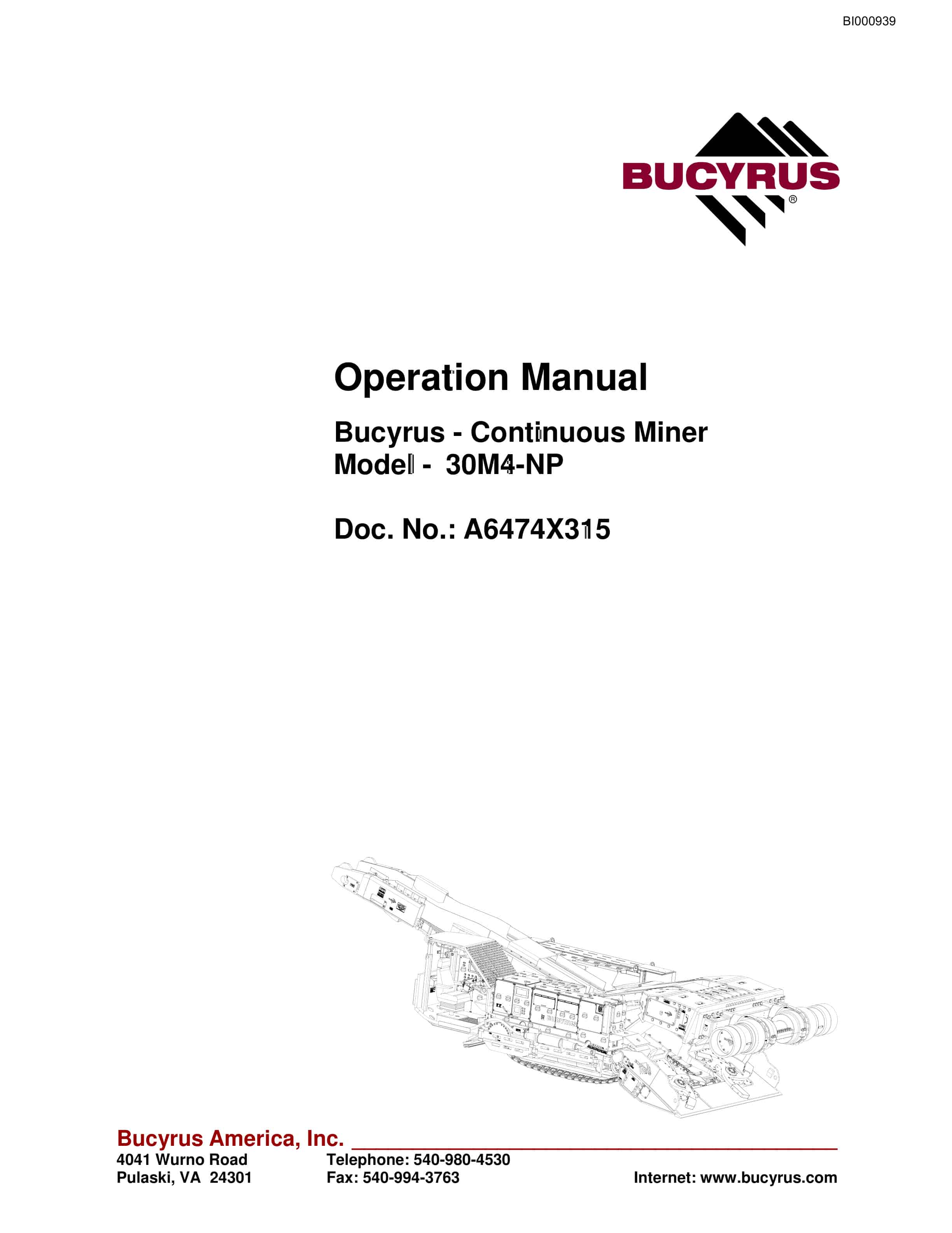 Bucyrus 30M4-NP Continuous Miner Operation Manual BI000939