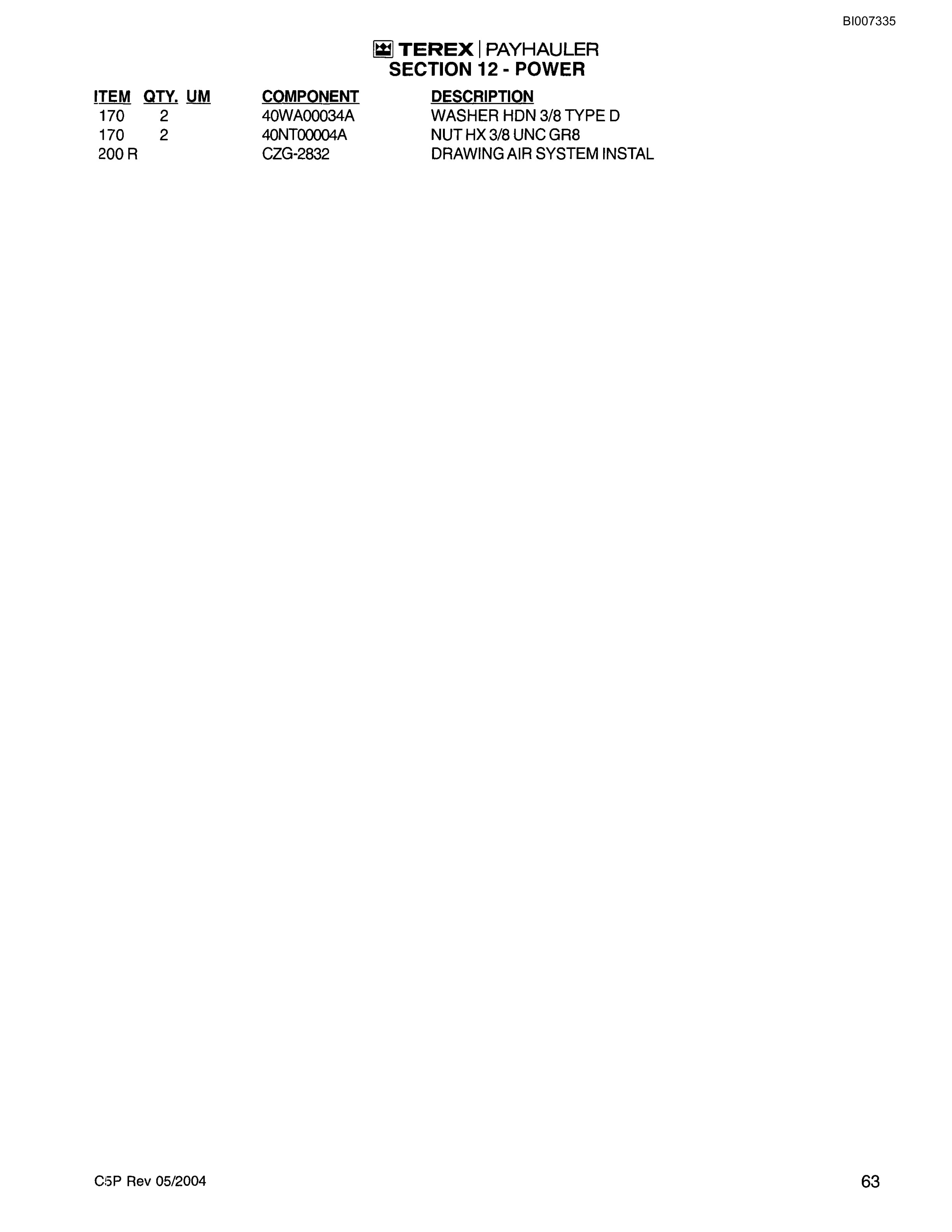 Bucyrus 350C Payhauler Parts Catalog BI007335-3