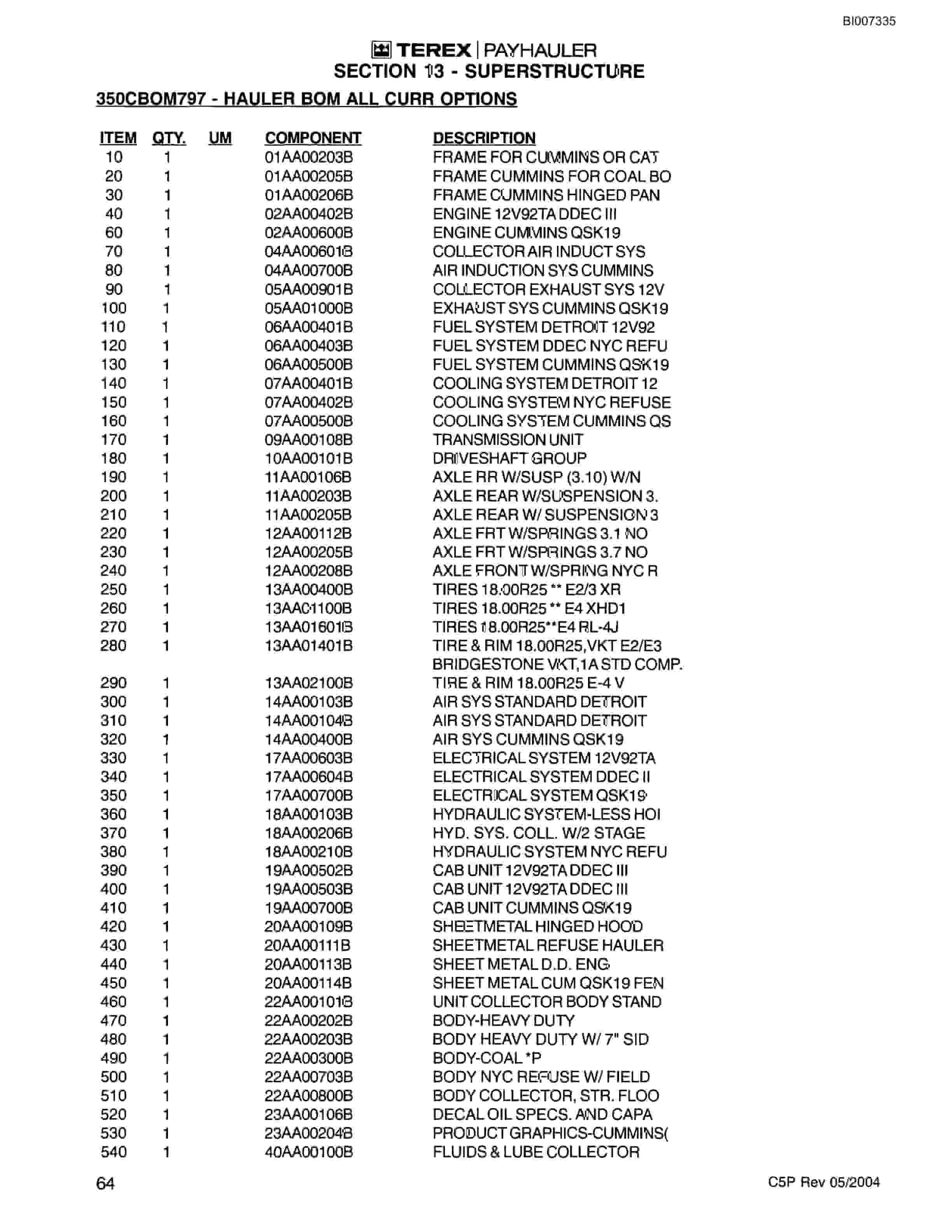 Bucyrus 350C Payhauler Parts Catalog BI007335-5