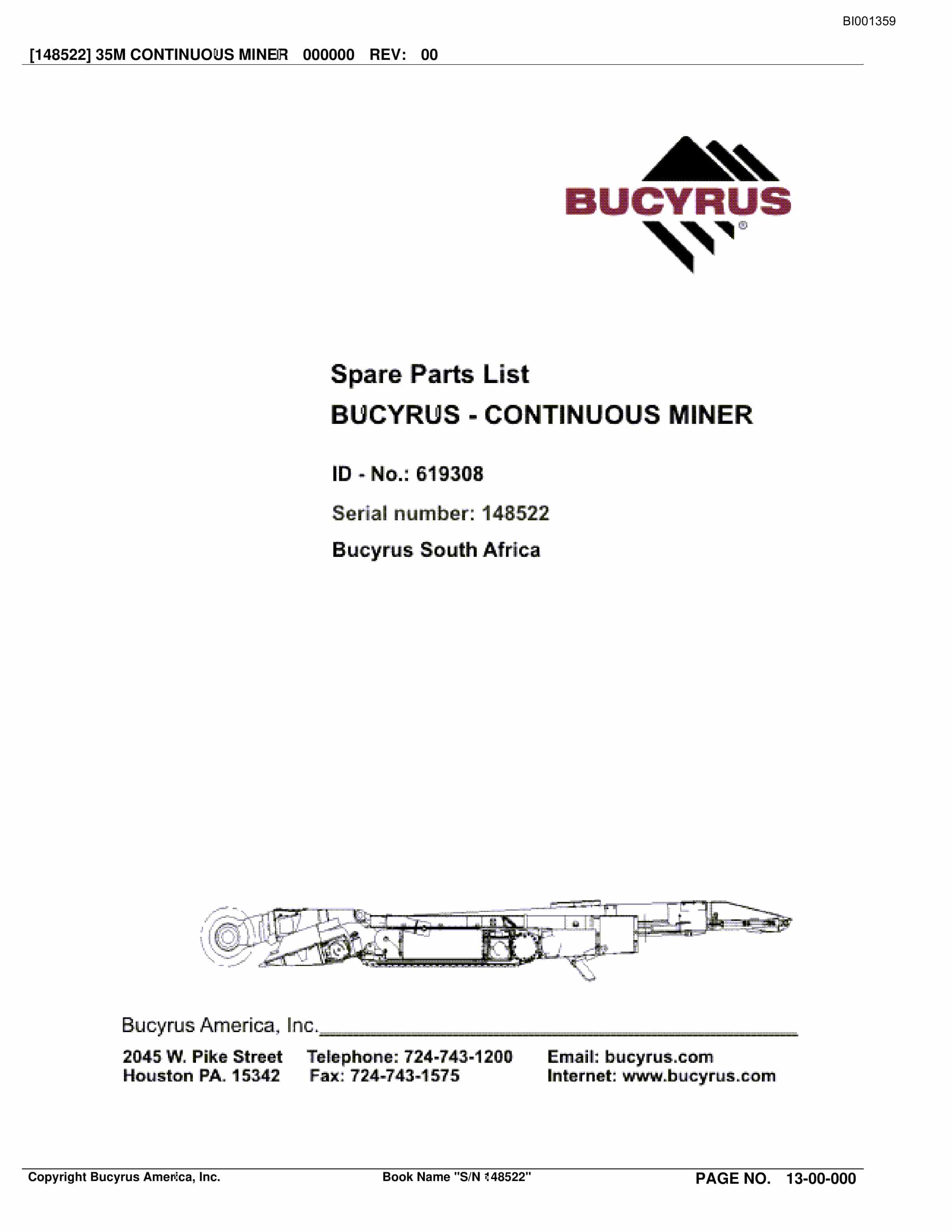 Bucyrus 35M Continuous Miner Spare Parts List BI001359