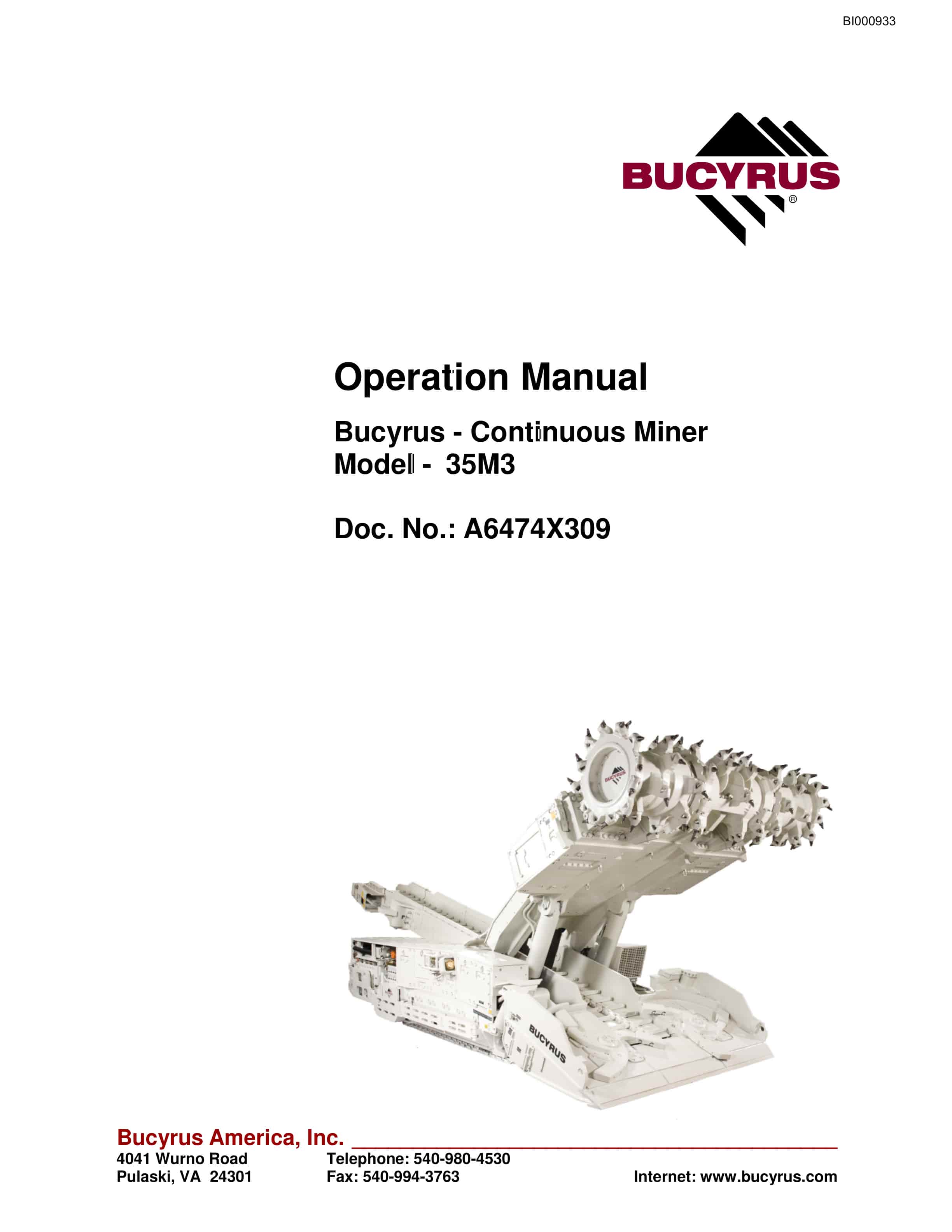Bucyrus 35M3 Continuous Miner Operation Manual BI000933