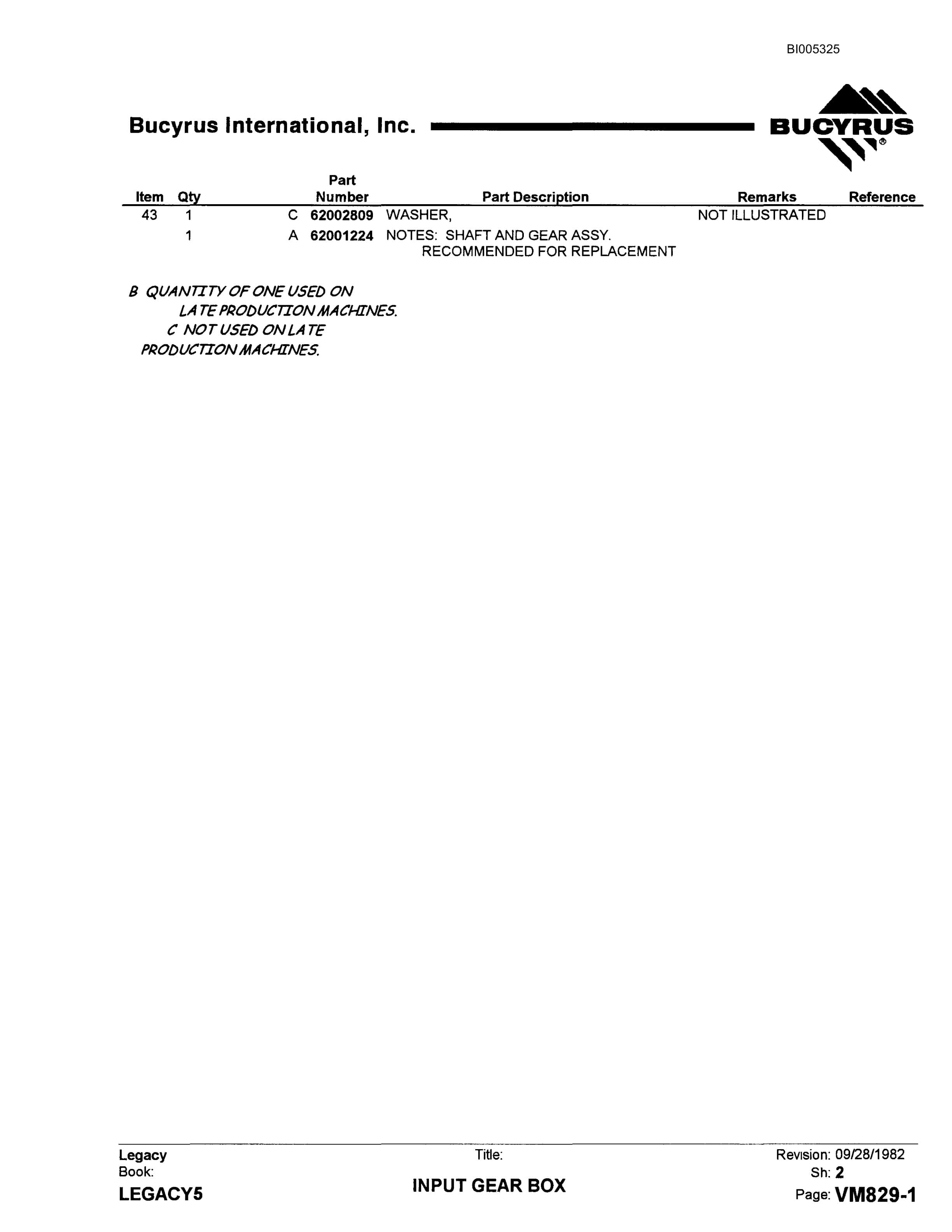 Bucyrus 380W Parts Catalog BI005325-2