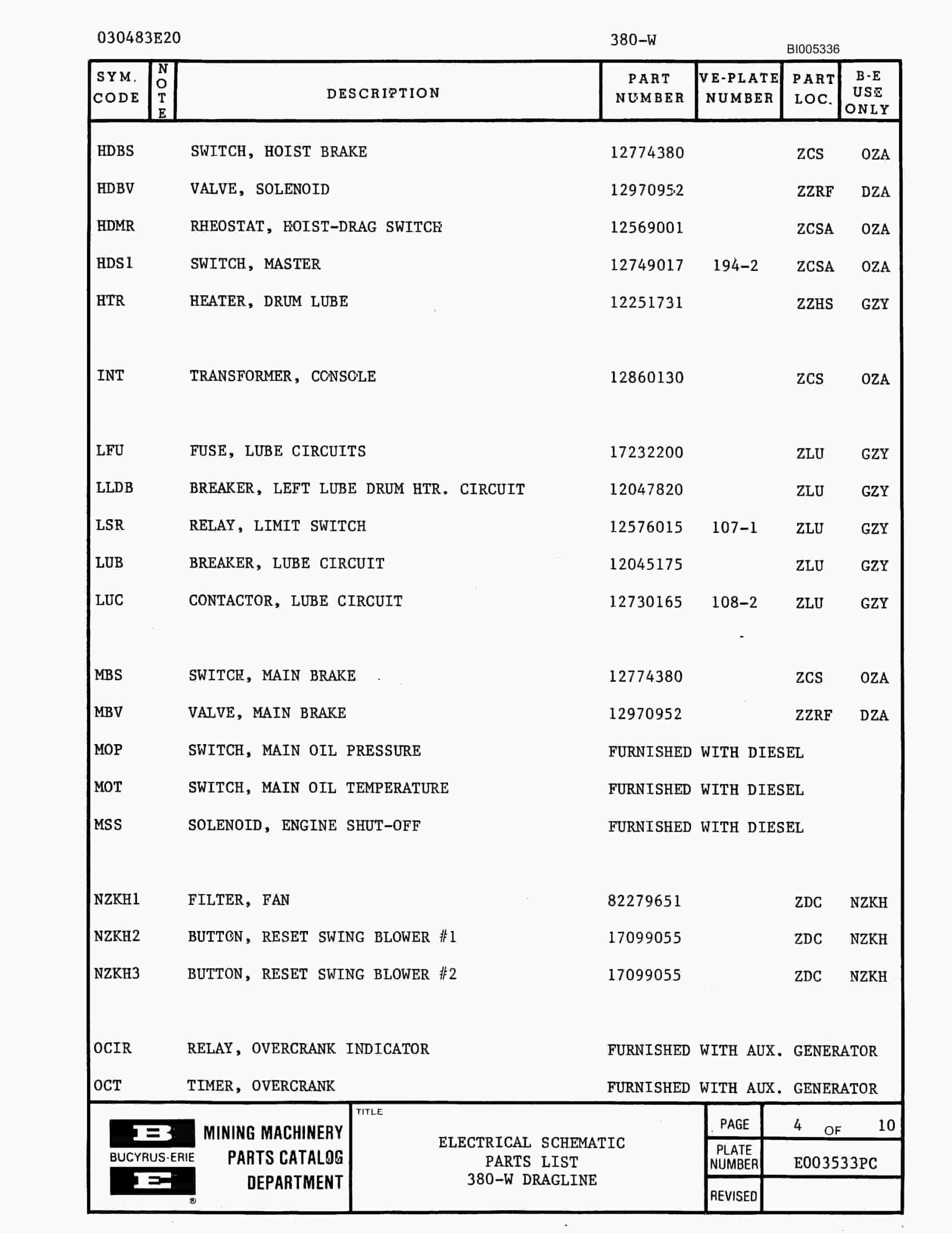 Bucyrus 380W Parts Catalog BI005336-2