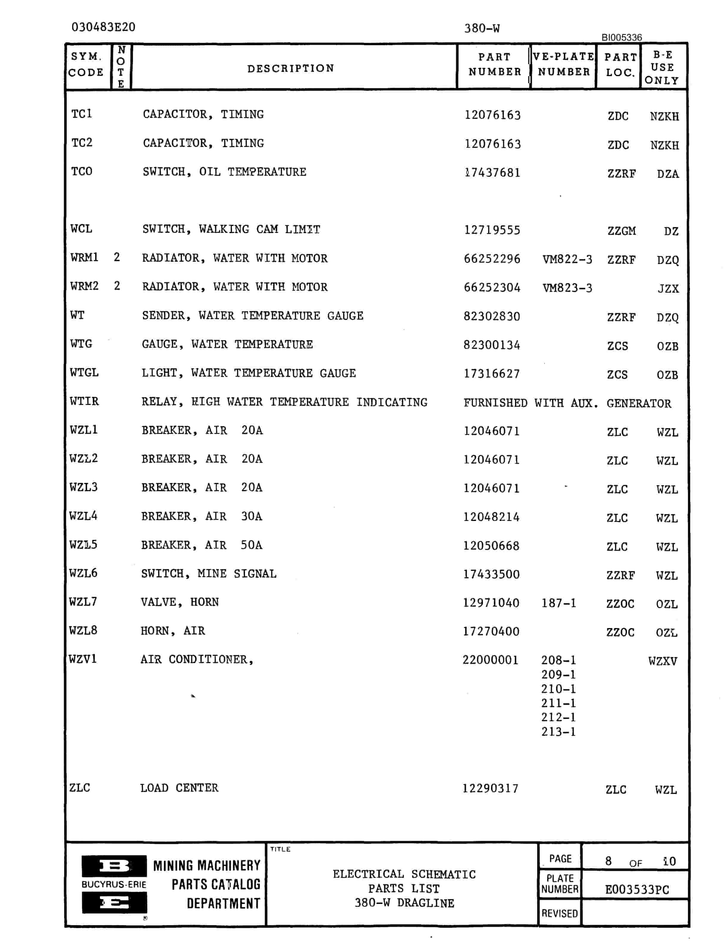 Bucyrus 380W Parts Catalog BI005336-5