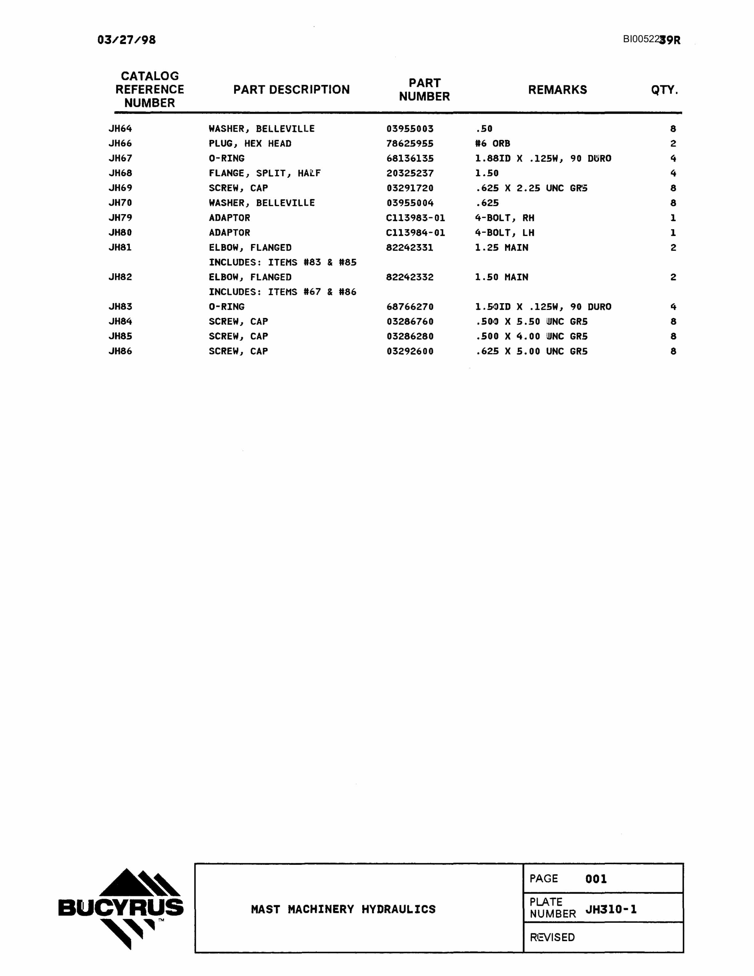 Bucyrus 39R Drill Parts Catalog BI005225-3