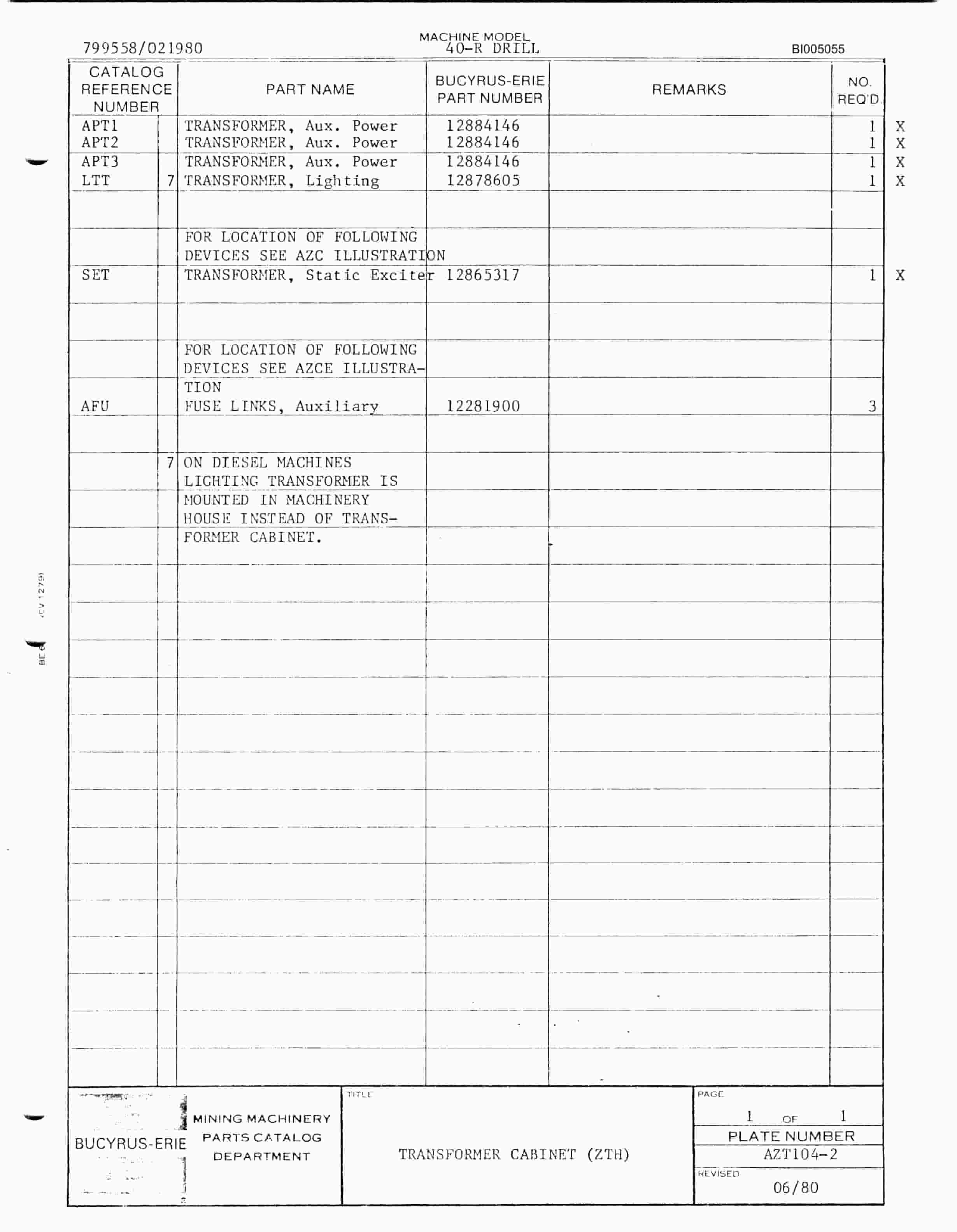Bucyrus 40R Drill Parts Catalog BI005055-3