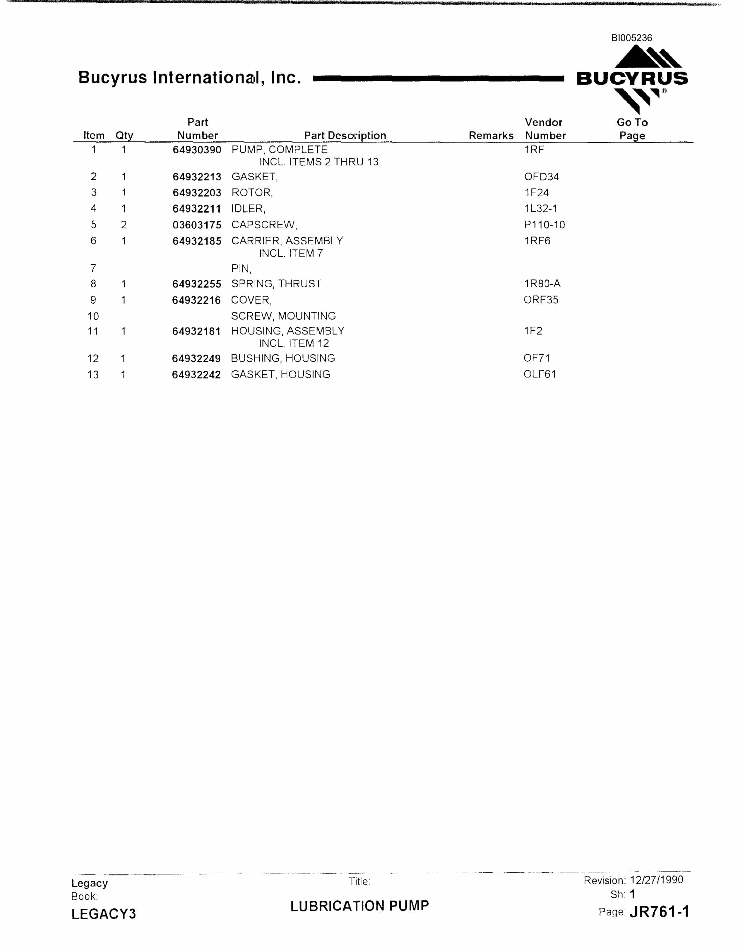Bucyrus 45-R Rotary Drill Parts Catalog BI005236-3