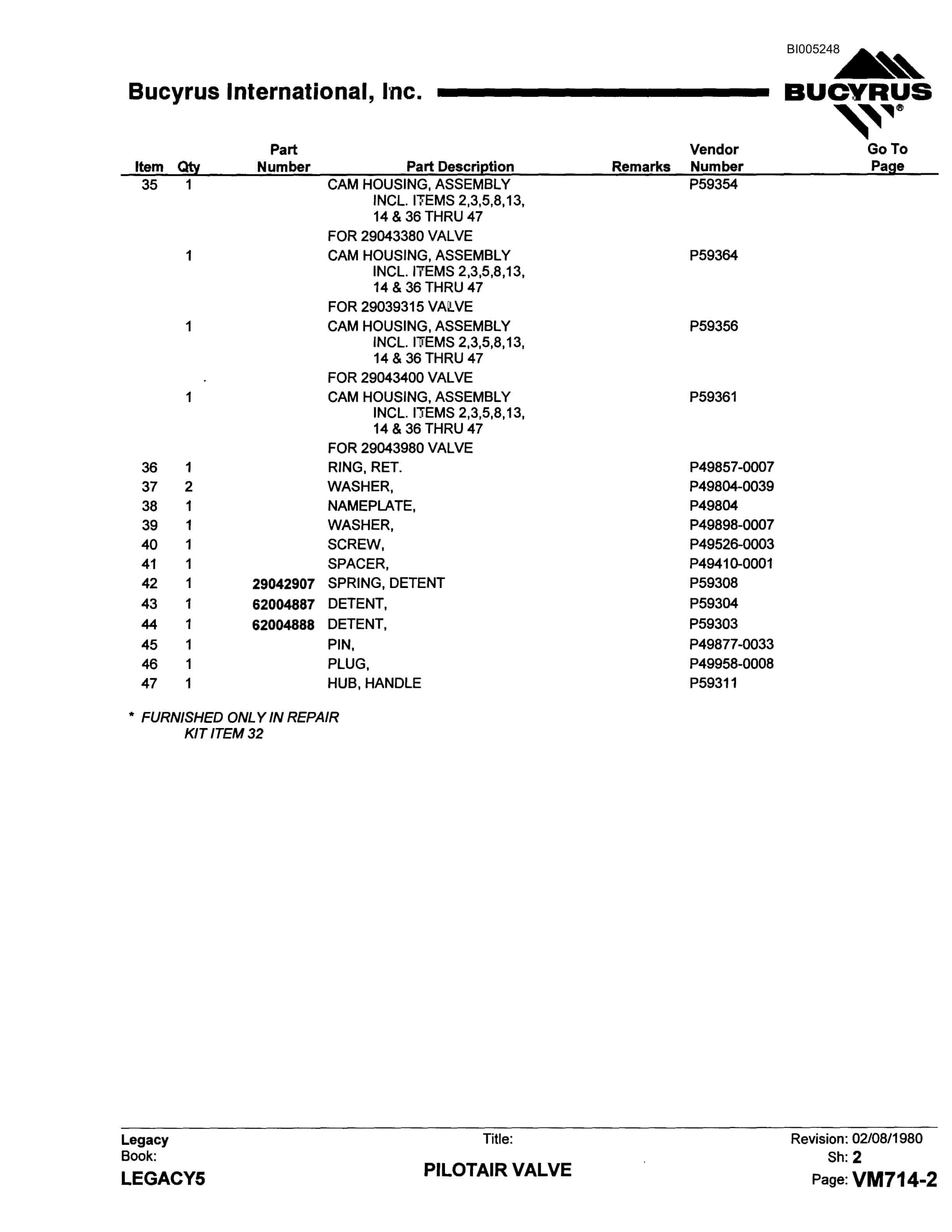 Bucyrus 45R Blast Hole Drill Parts Catalog BI005248-2