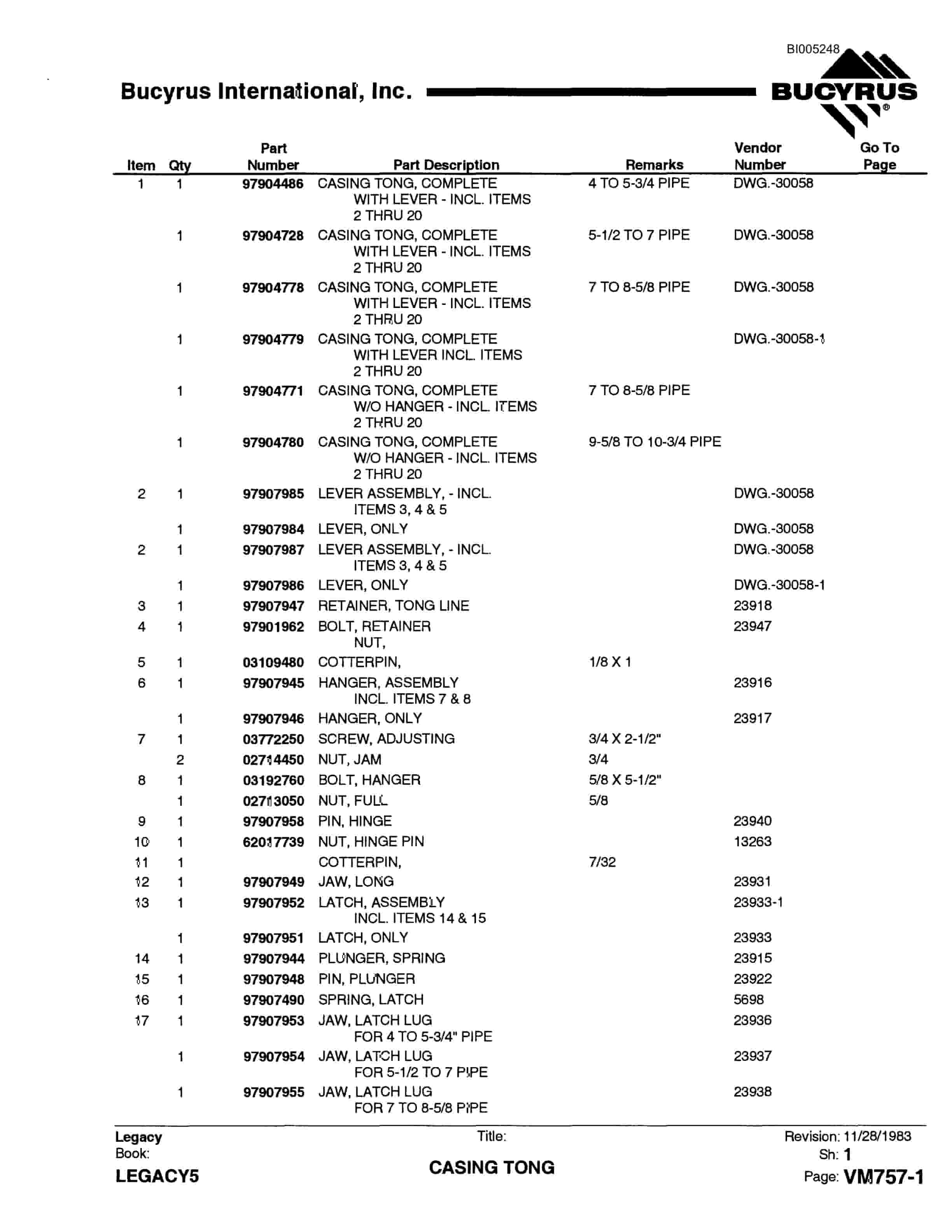 Bucyrus 45R Blast Hole Drill Parts Catalog BI005248-3