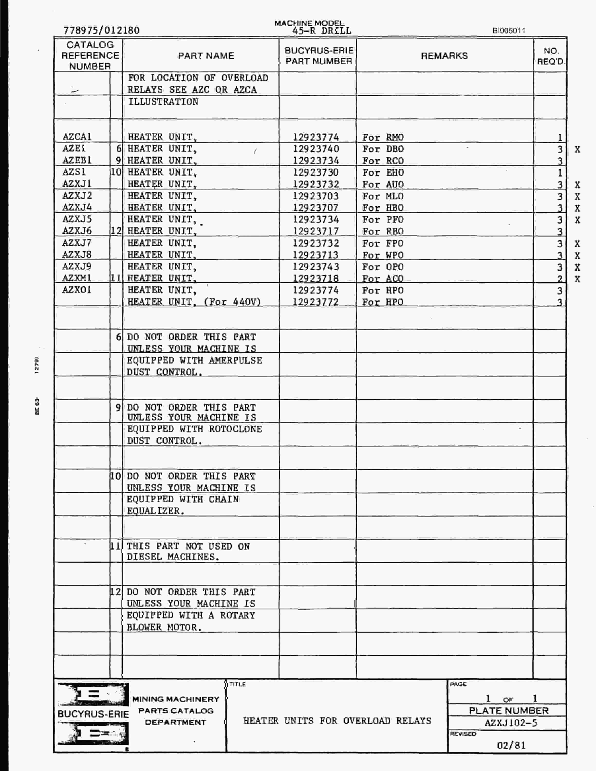 Bucyrus 45R Drill Parts Catalog BI005011-5
