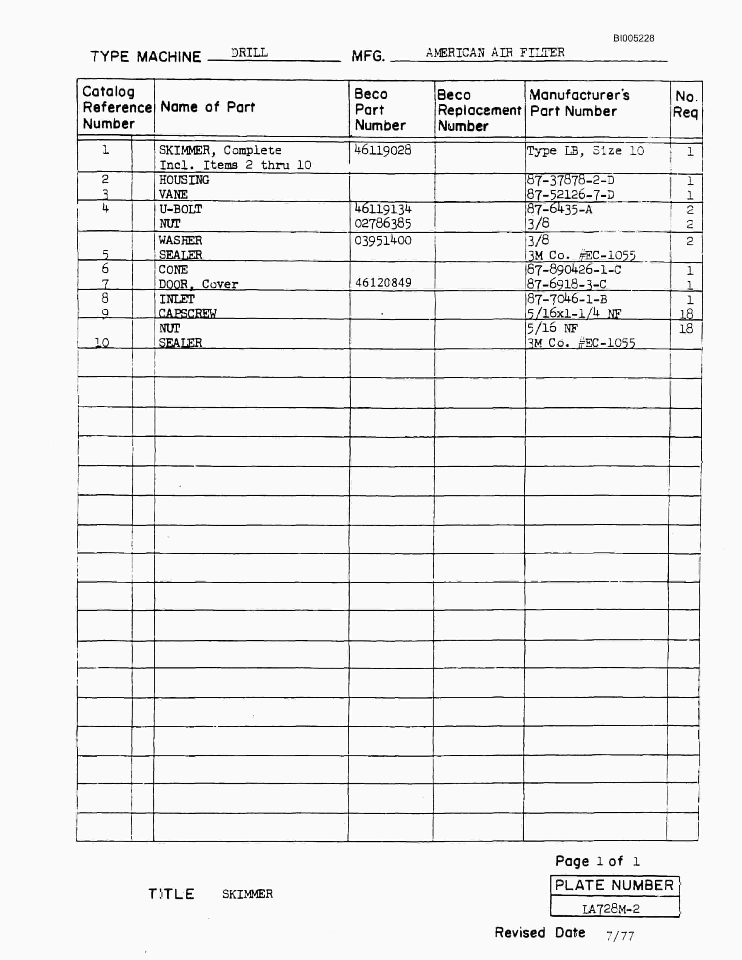 Bucyrus 45R Drill Parts Catalog BI005228-3