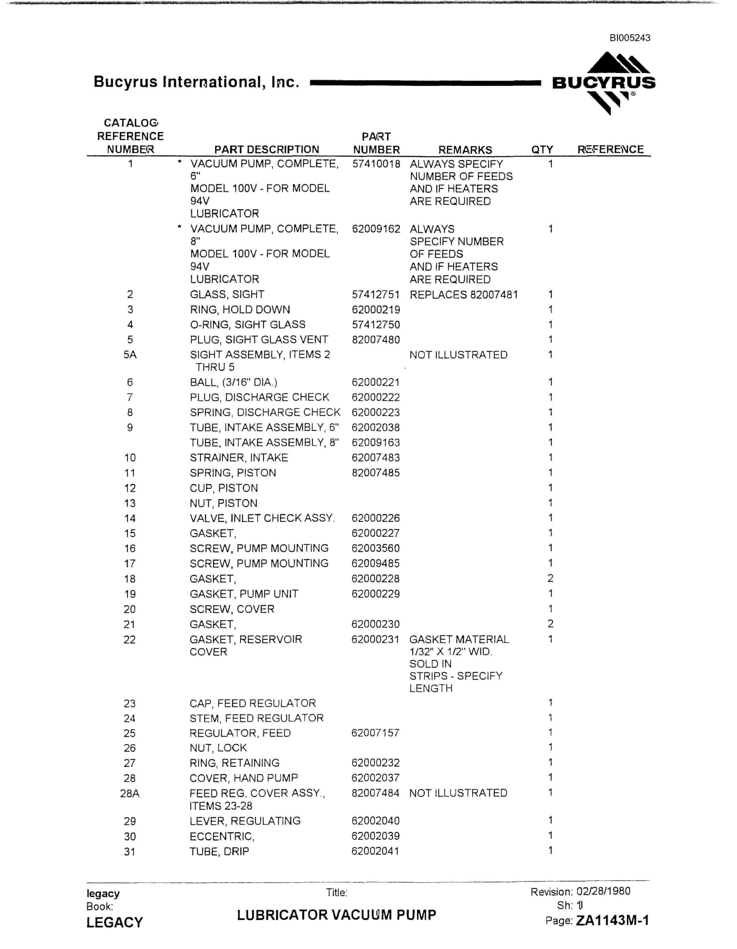Bucyrus 45R Drill Parts Catalog BI005243-5