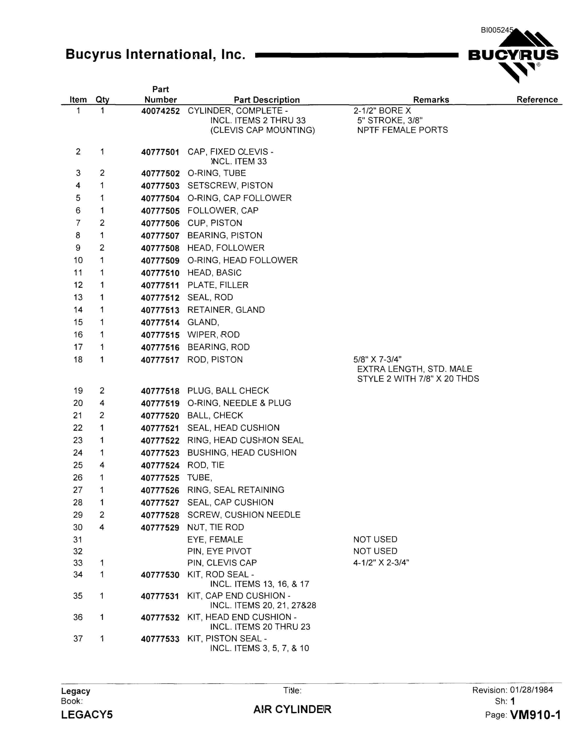 Bucyrus 45R Drill Parts Catalog BI005245-5