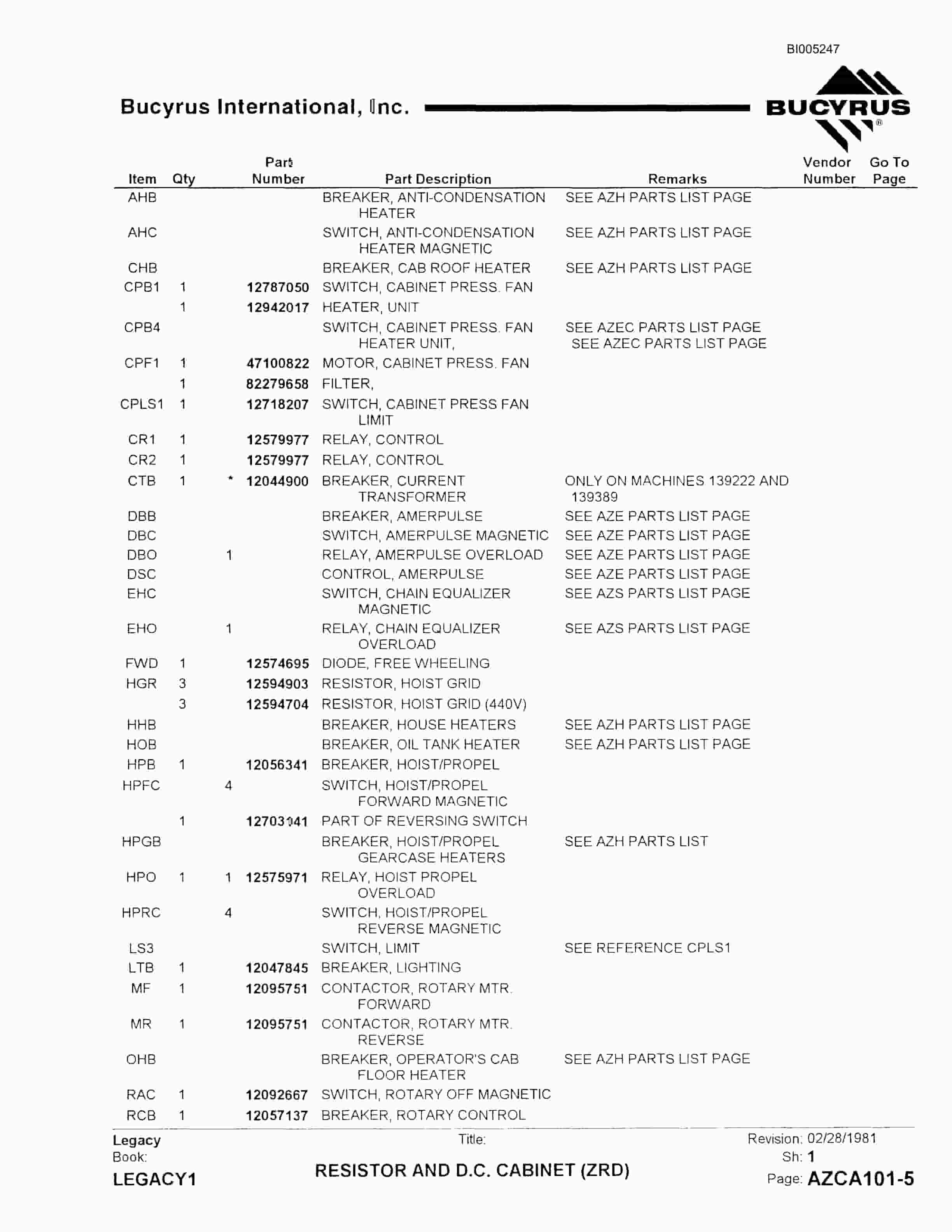 Bucyrus 45R Drill Parts Catalog BI005247-4