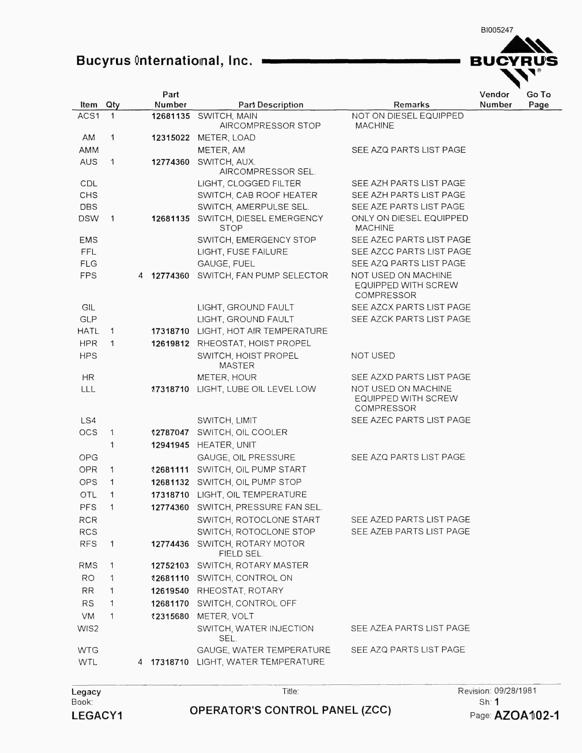 Bucyrus 45R Drill Parts Catalog BI005247-5