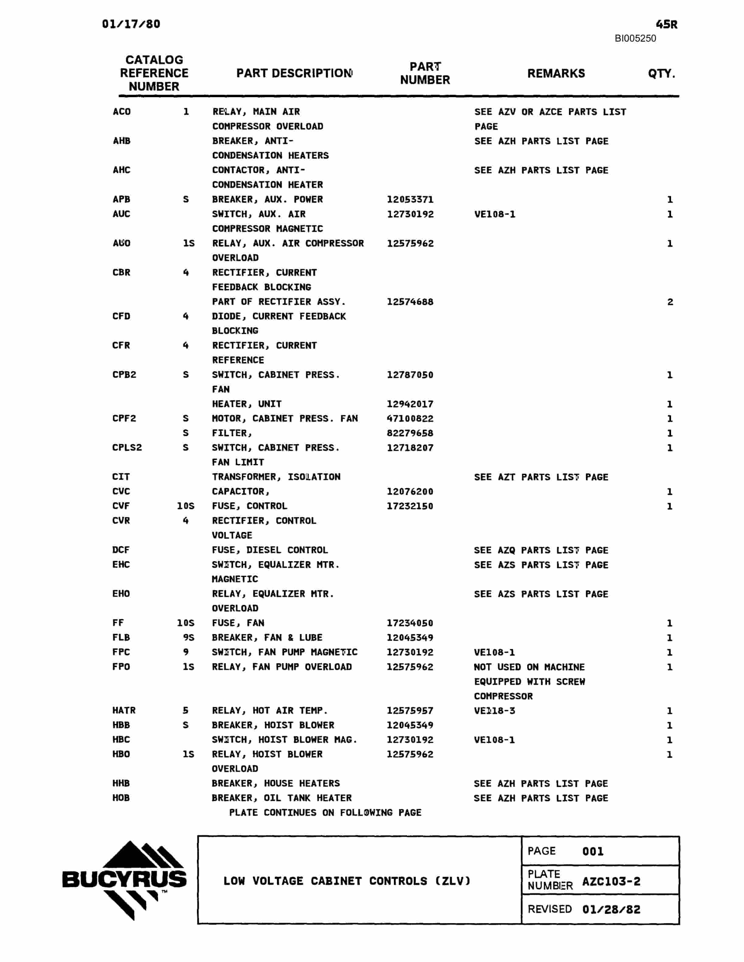 Bucyrus 45R Drill Parts Catalog BI005250-2