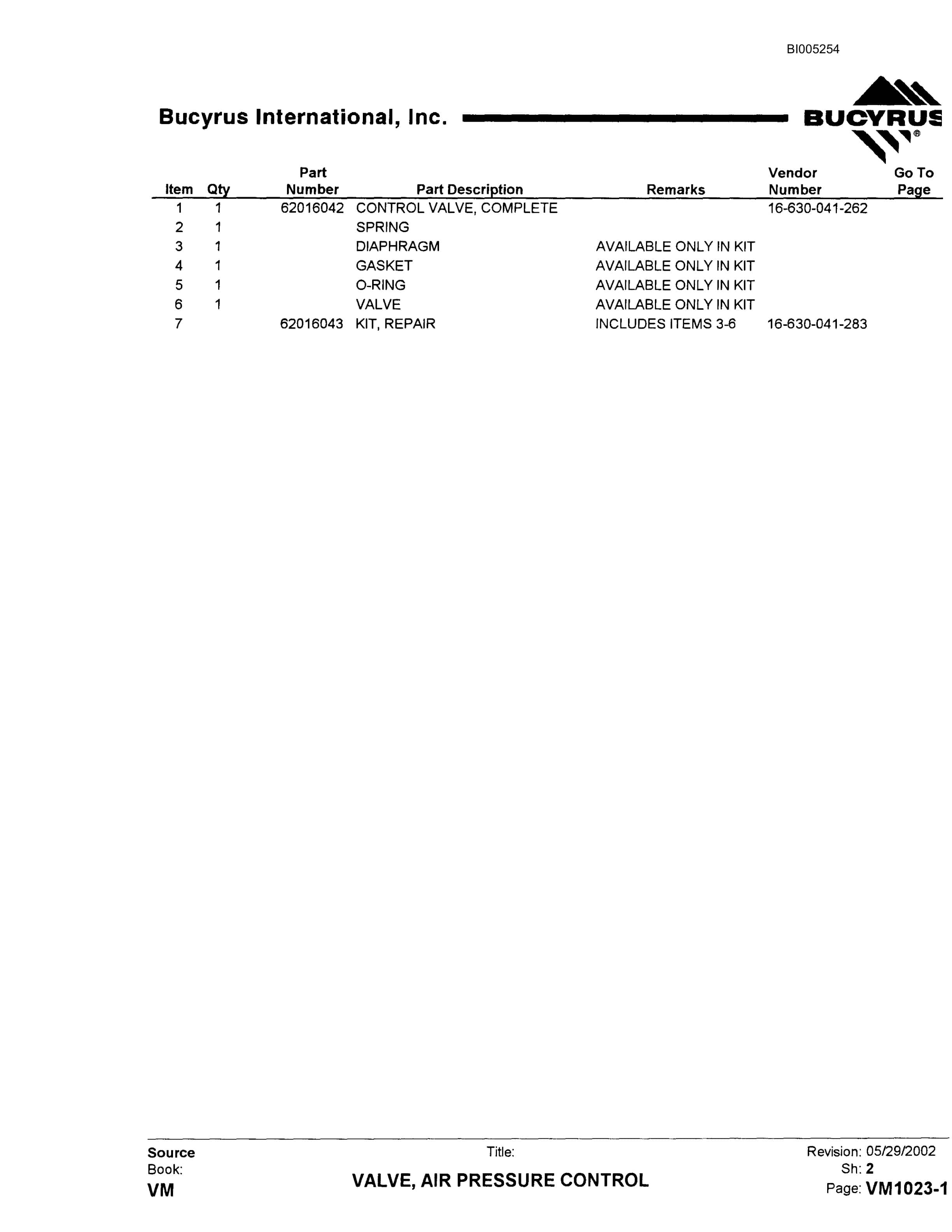 Bucyrus 45R Drill Parts Catalog BI005254-3