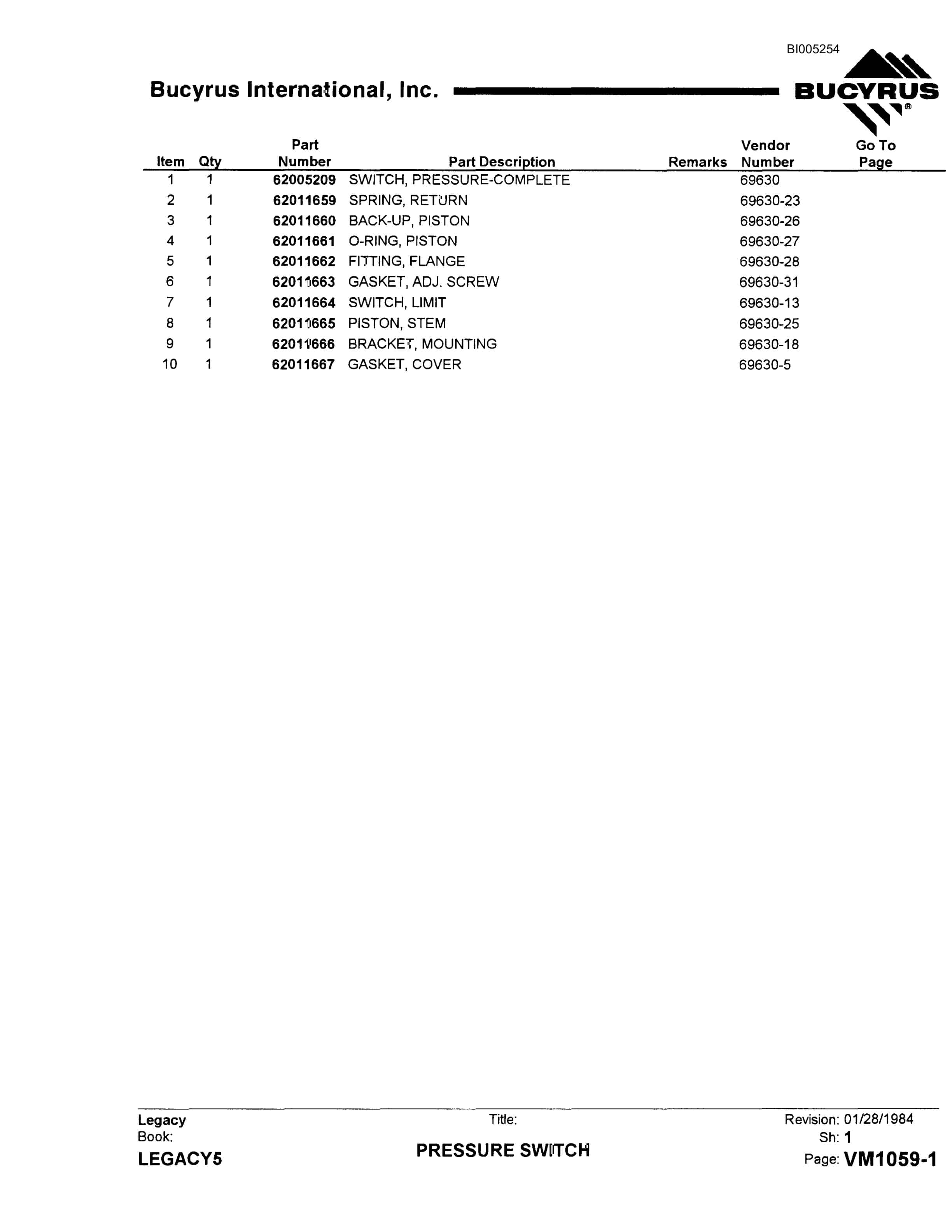 Bucyrus 45R Drill Parts Catalog BI005254-4
