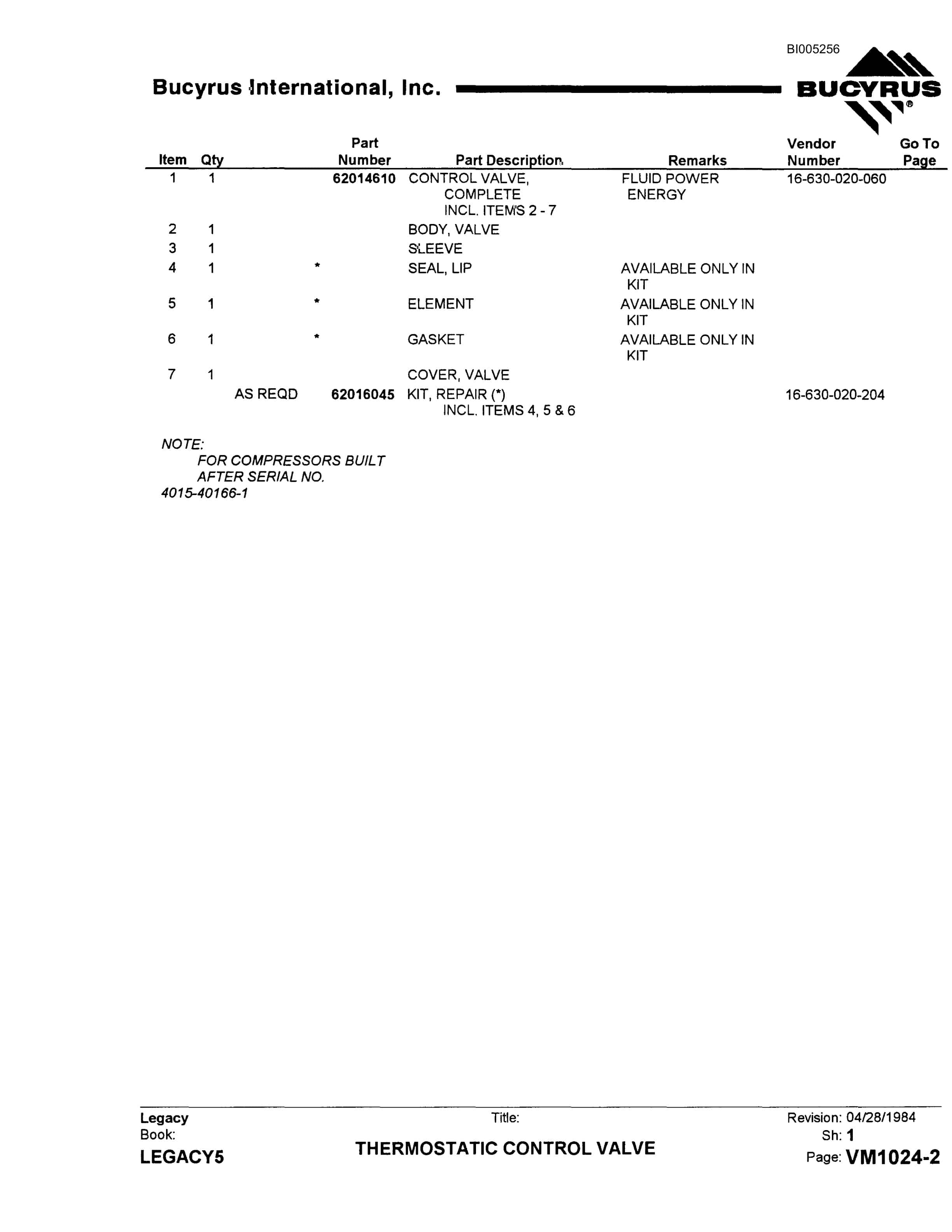 Bucyrus 45R Drill Parts Catalog BI005256-3