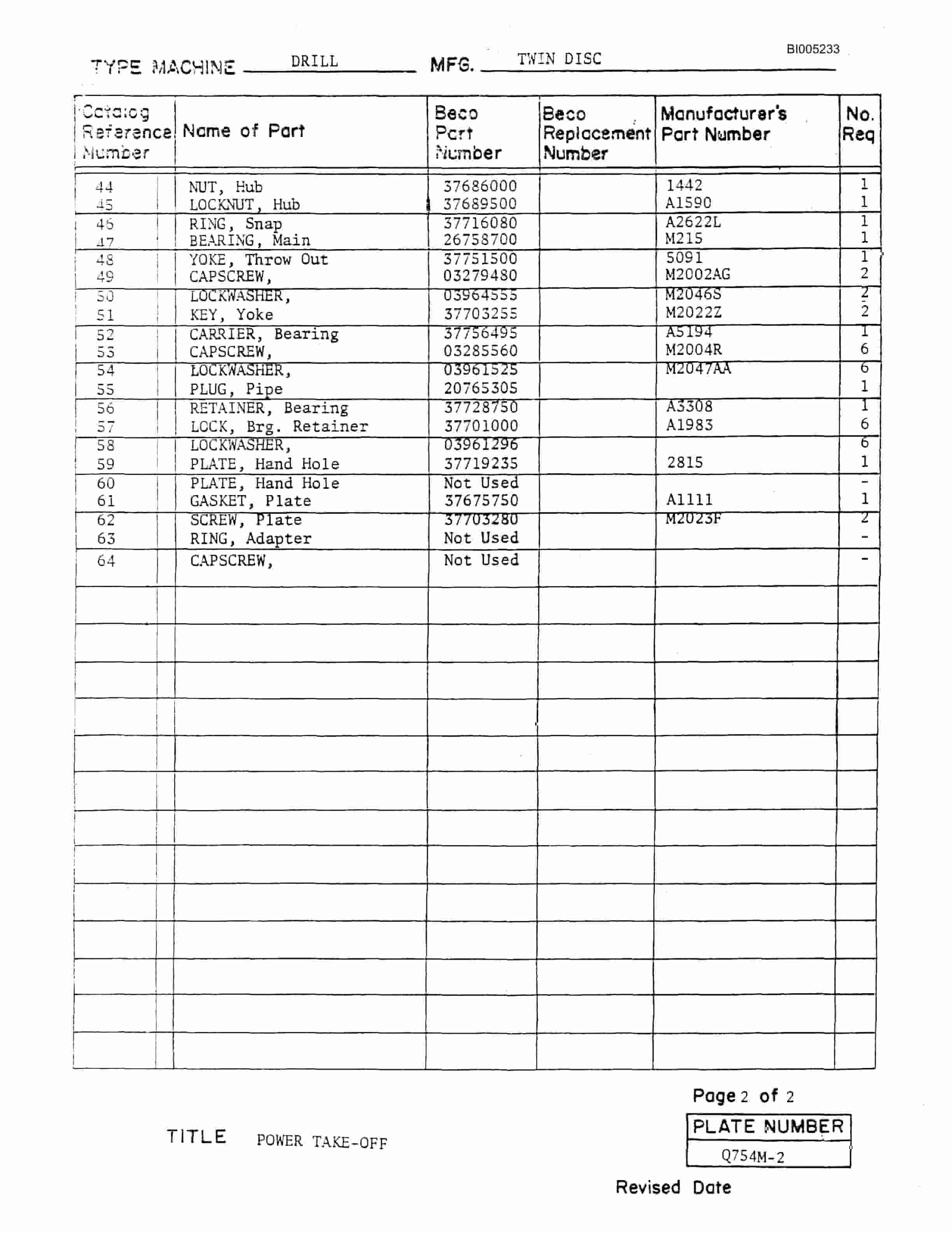 Bucyrus 45R Electric Blast Hole Drill Parts Catalog BI005233-2