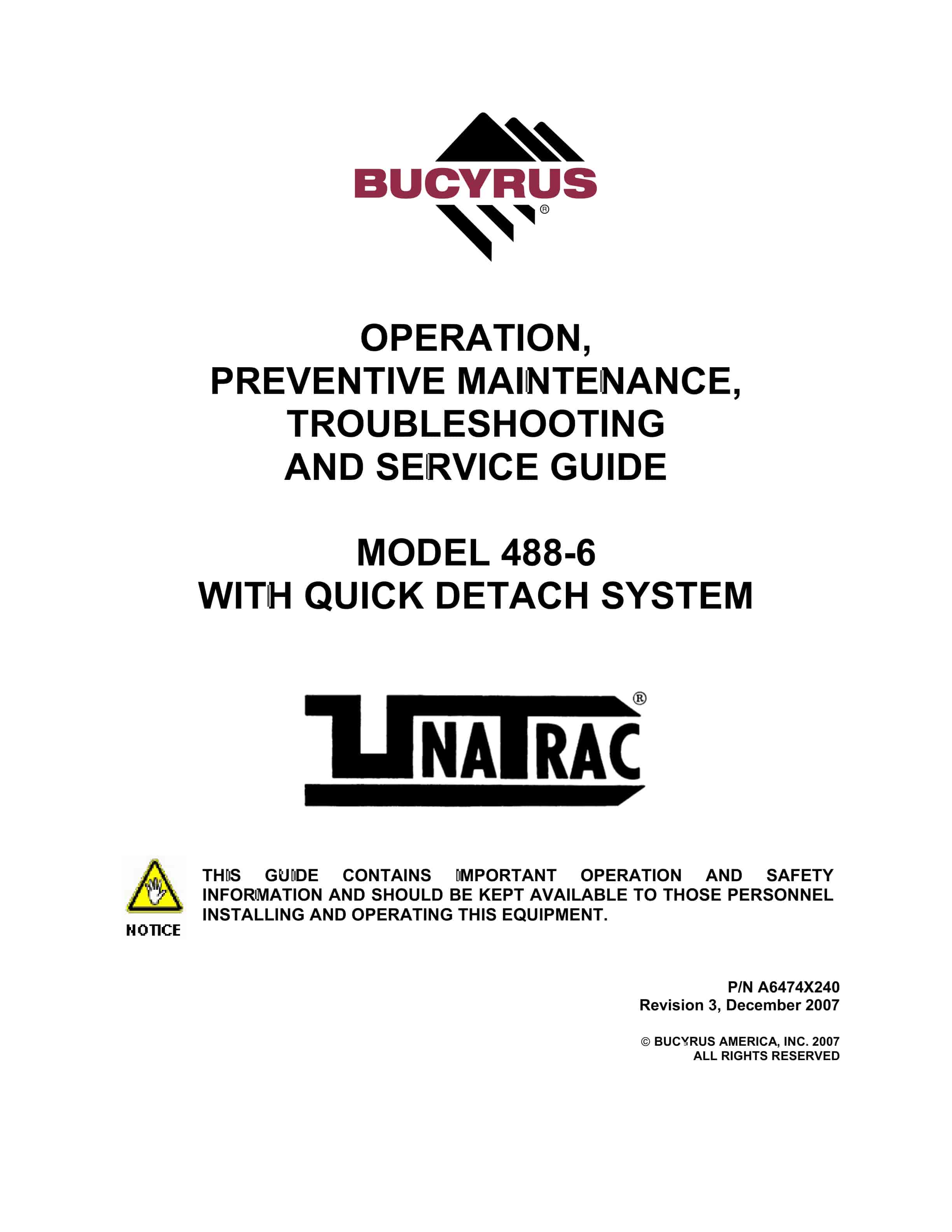 Bucyrus 488-6 With Quick Detach System Operation Manual A6474X240