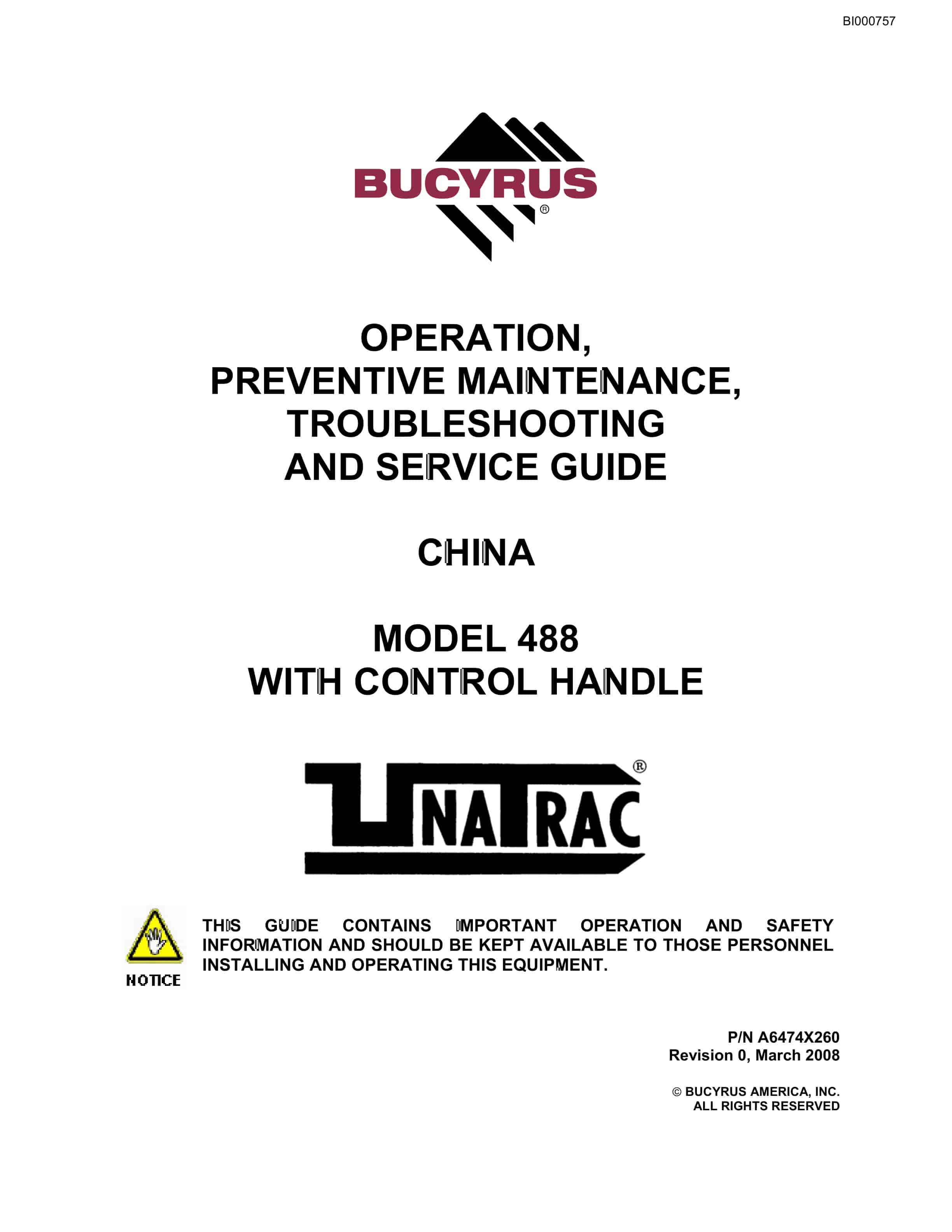 Bucyrus 488 With Control Handle Operation Manual BI000757
