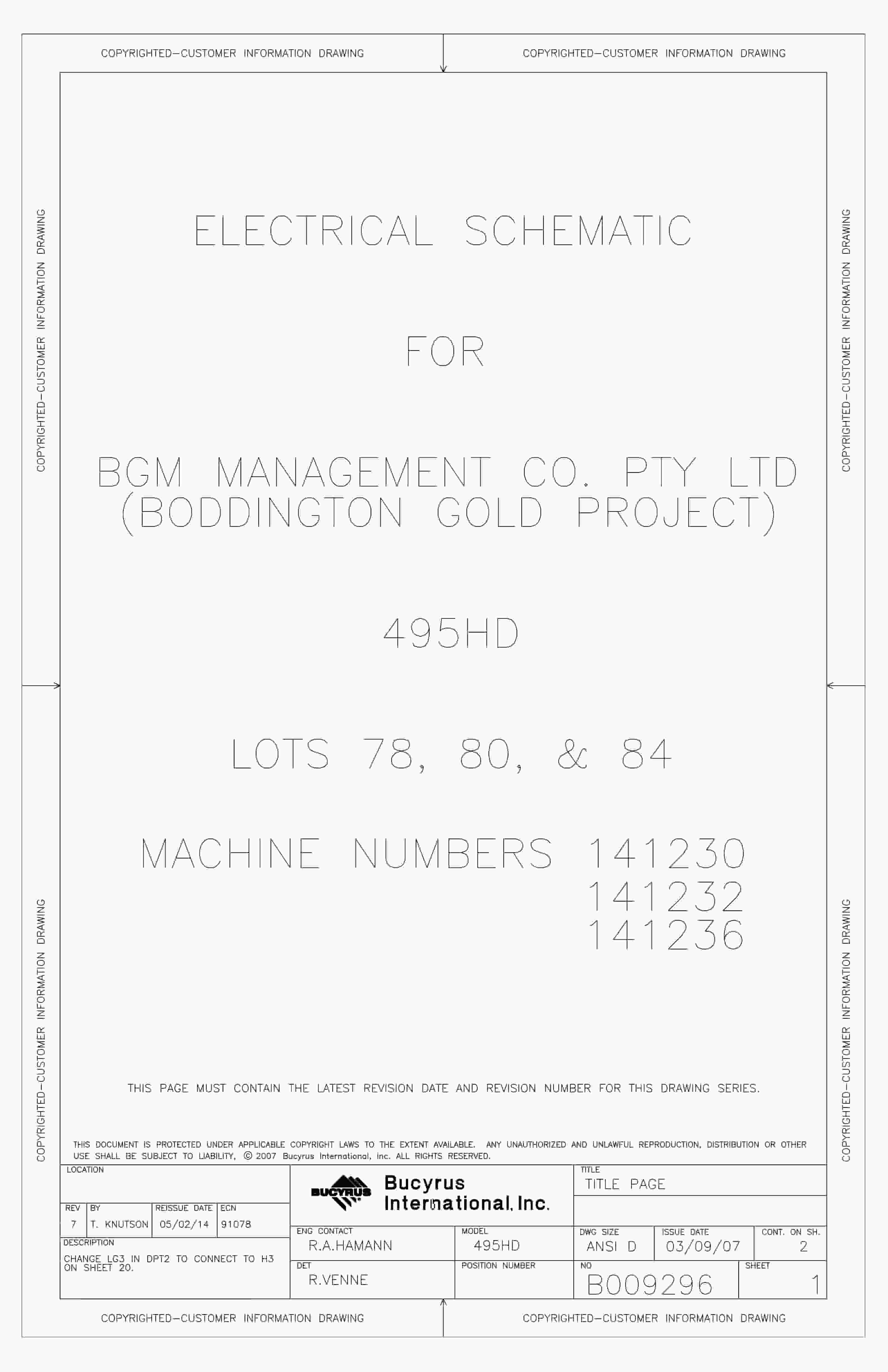 Bucyrus 495HD Lots 78, 80, 84 Electrical Schematic B009296