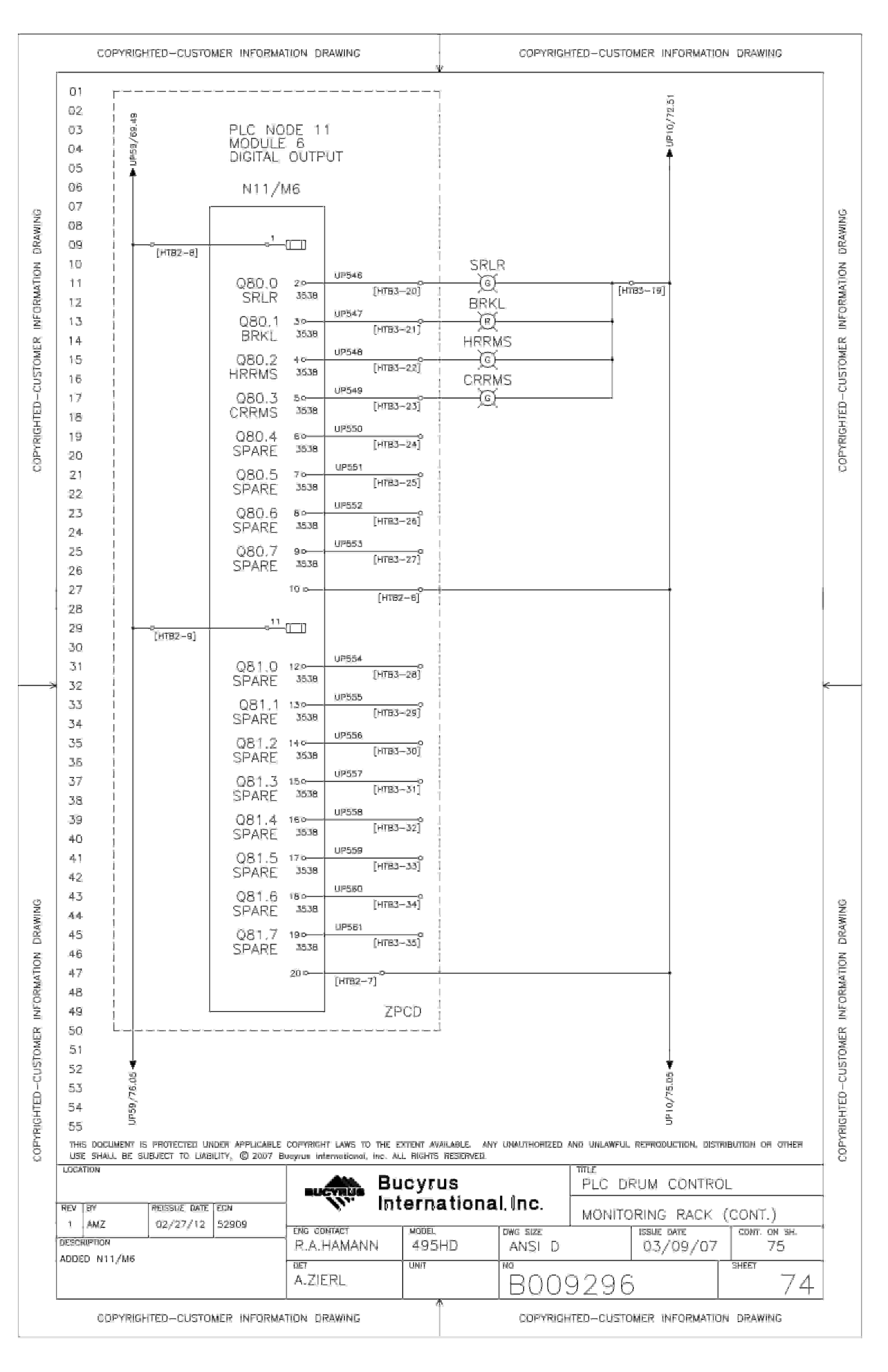 Bucyrus 495HD Lots 78, 80, 84 Electrical Schematic B009296-4