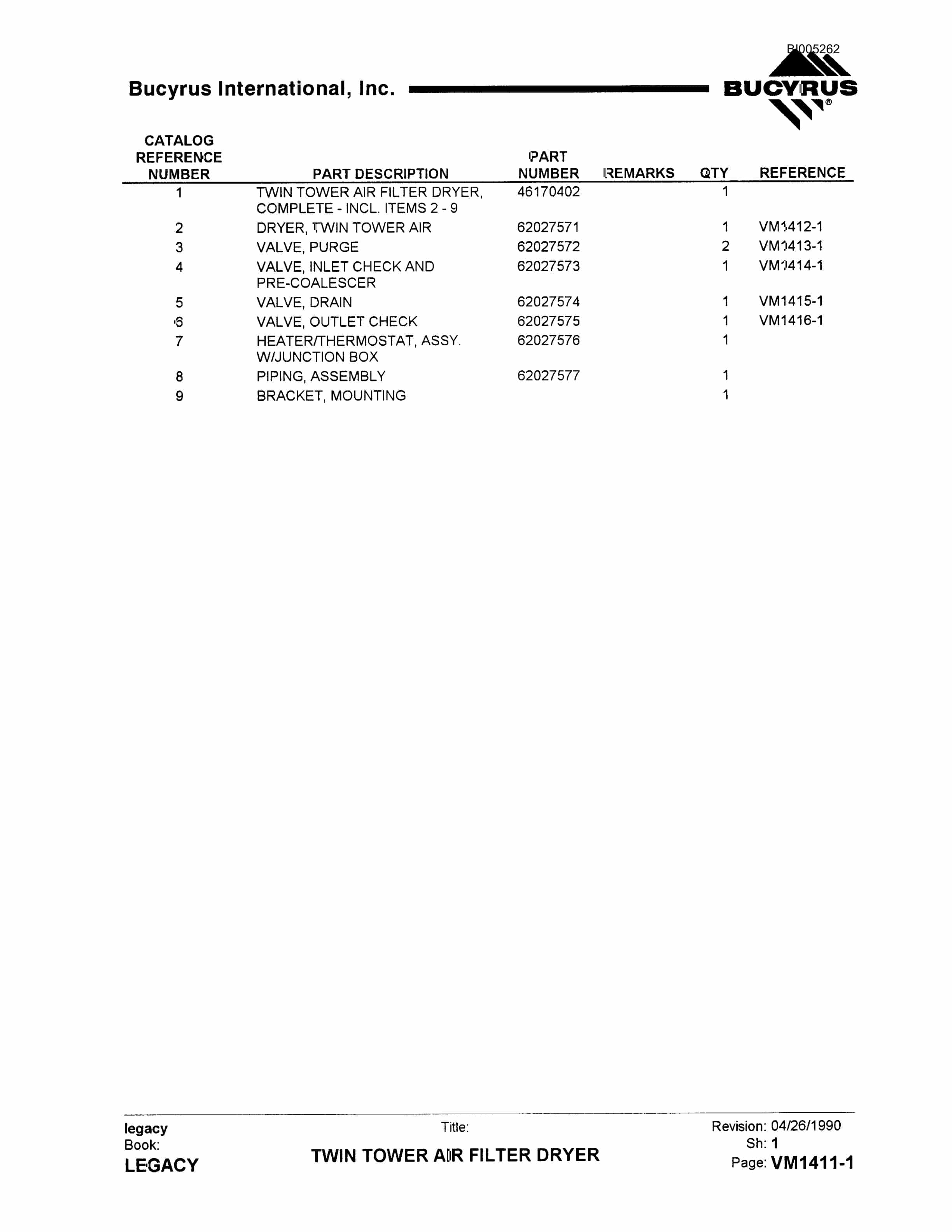 Bucyrus 49R Drill Parts Catalog BI005262-4