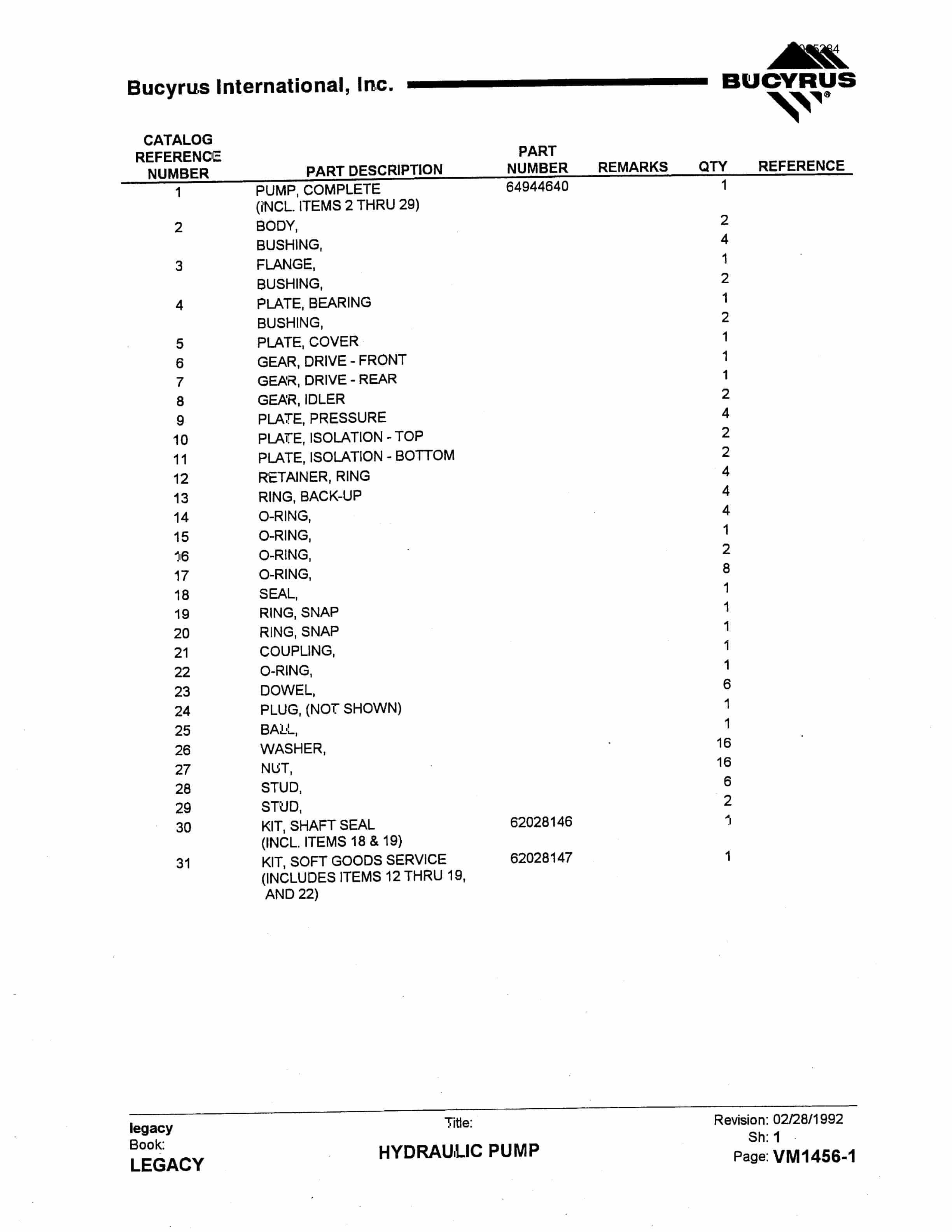 Bucyrus 49R3 Drill Parts Catalog BI005284-2