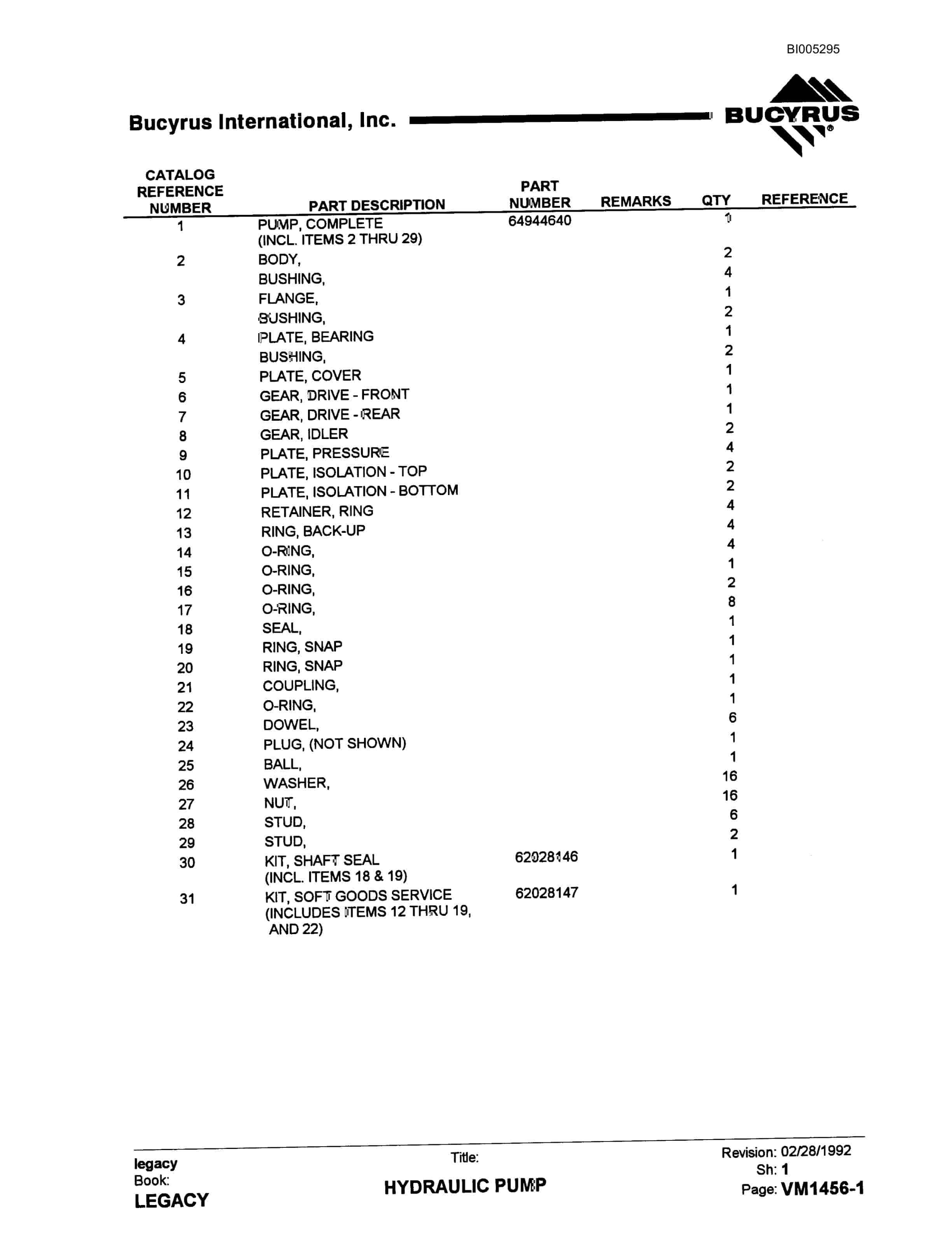 Bucyrus 49R3 Drill Parts Catalog BI005295-2