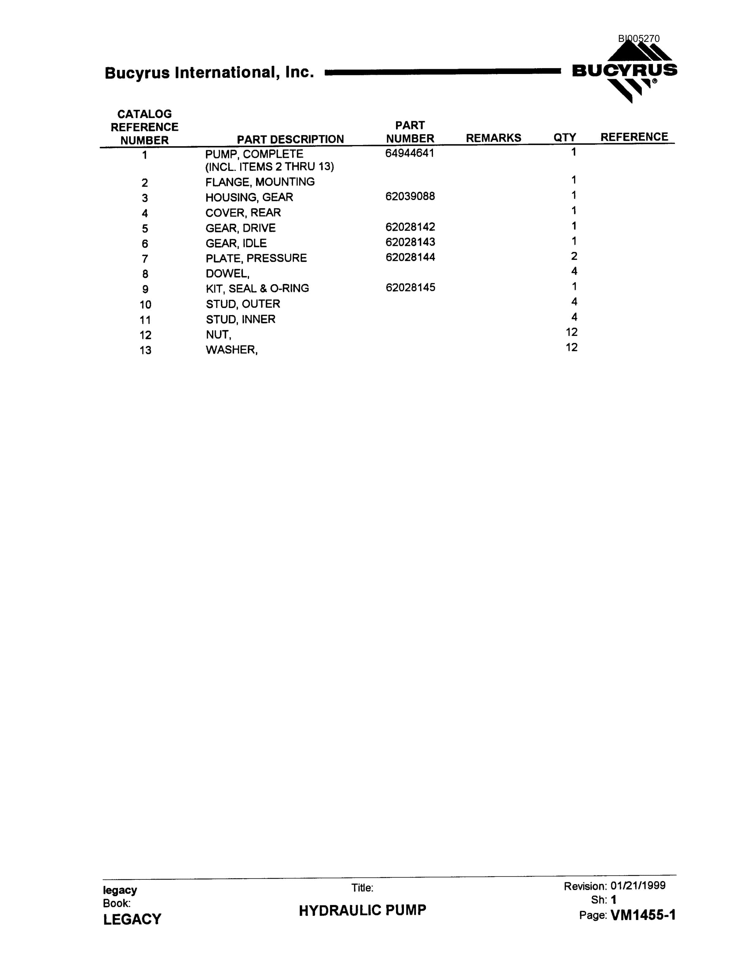Bucyrus 49RII Drill Parts Catalog BI005270-2