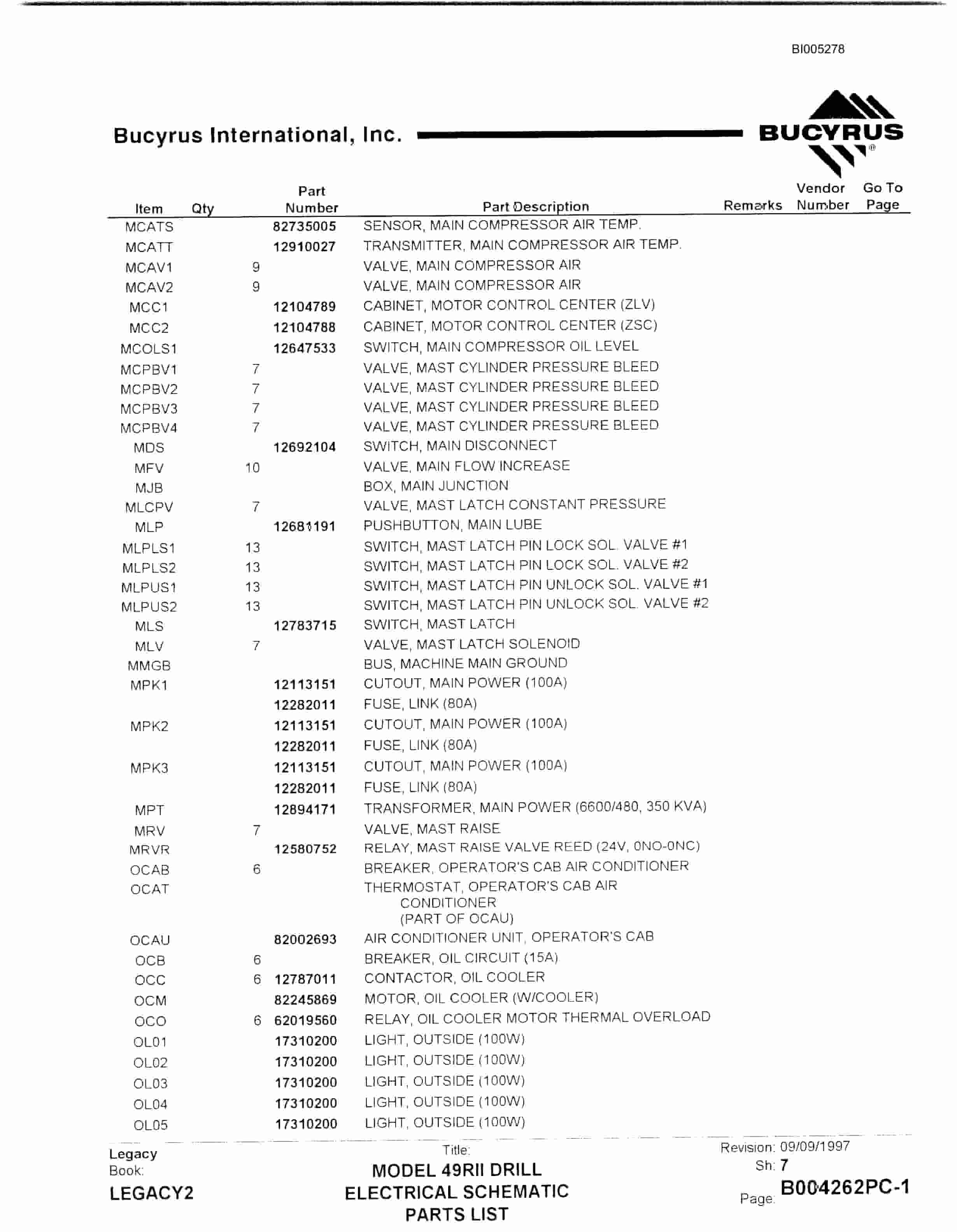 Bucyrus 49RII Drill Parts Catalog BI005278-4