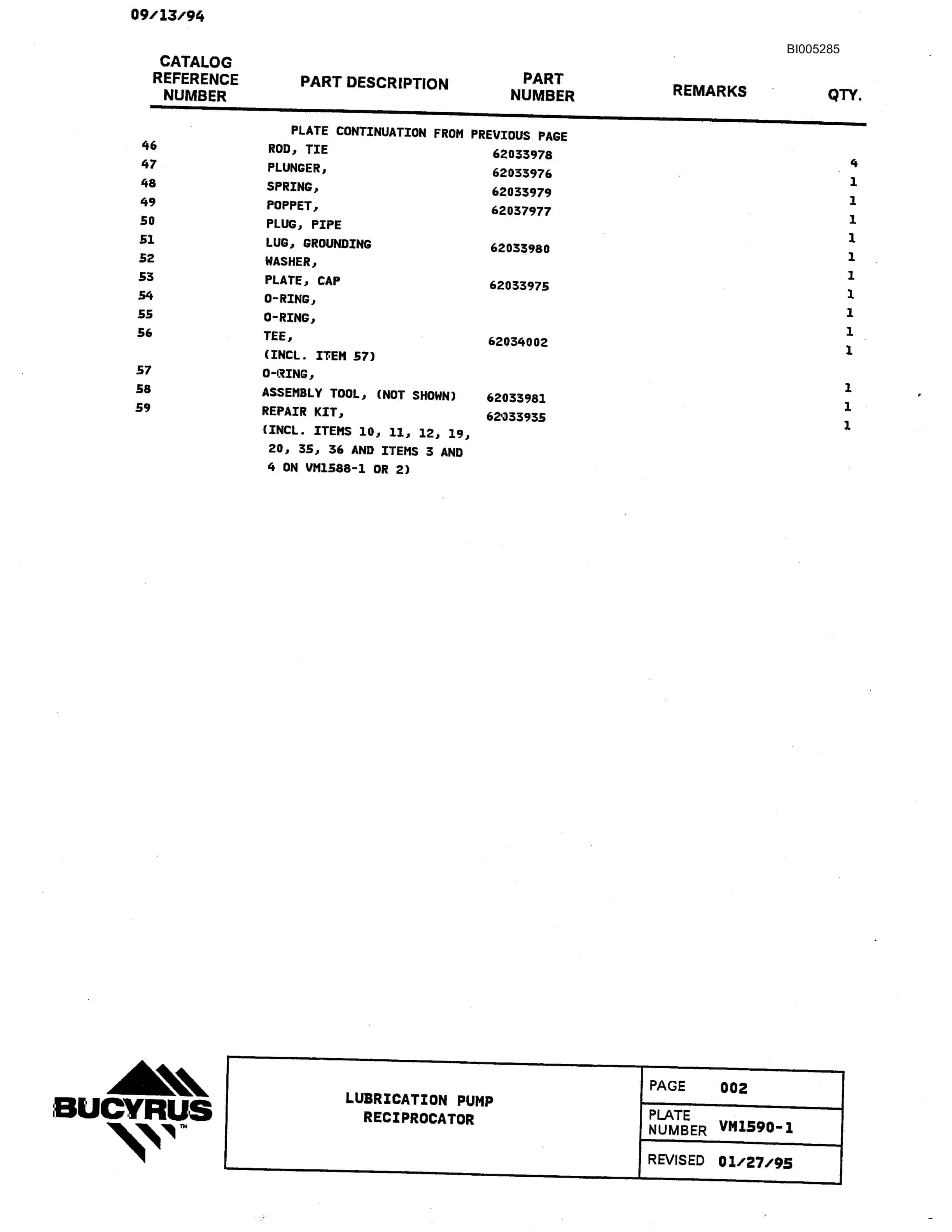 Bucyrus 49RIII Drill Parts Catalog BI005285-2