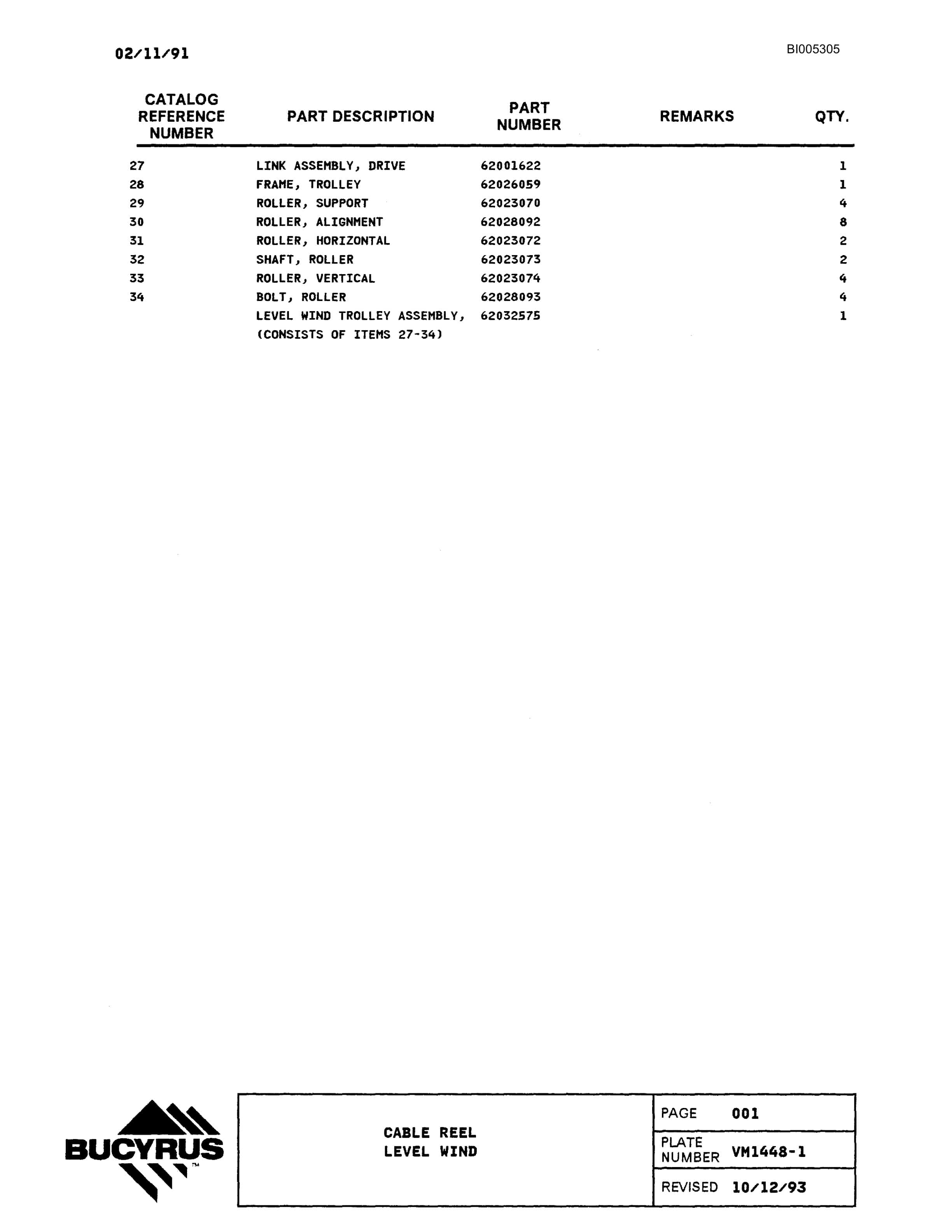 Bucyrus 59R Drill Parts Catalog BI005305-2